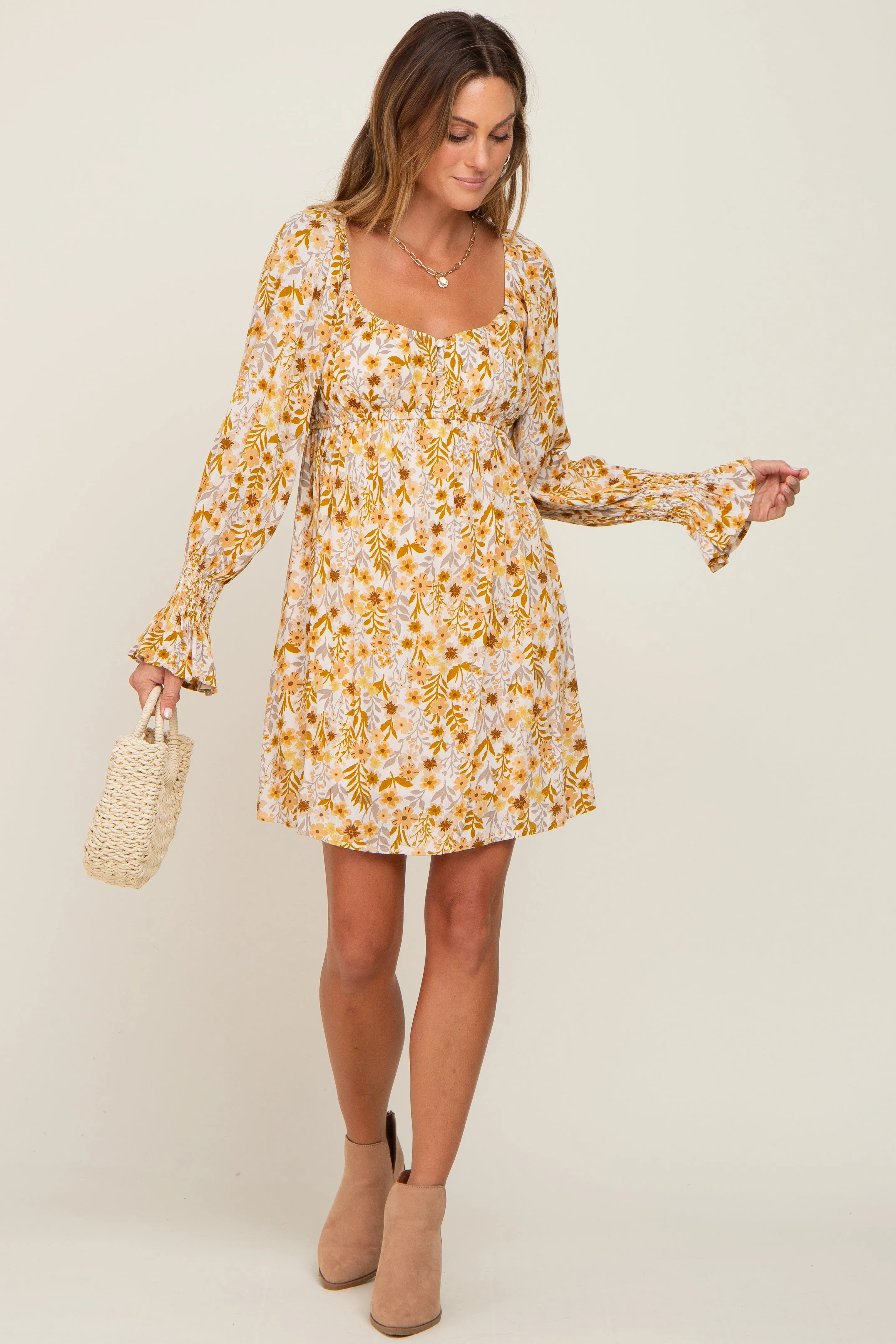 Gold Floral Button Front Long Sleeve Dress sold by Pinkblush product image thumbnail 4