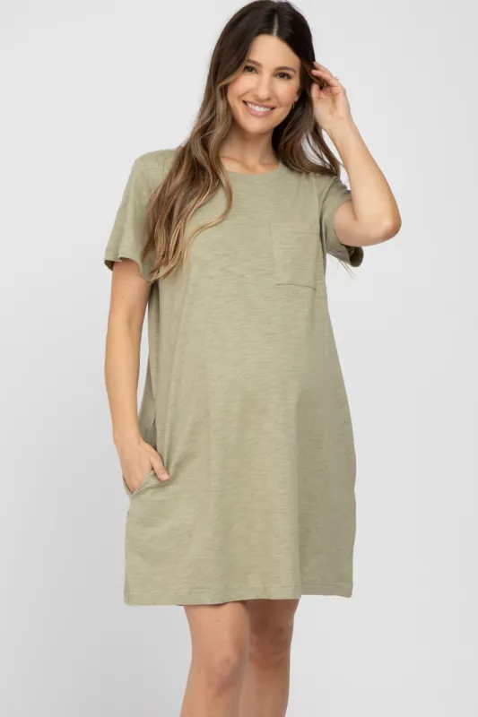 Olive Heathered Pocket Front Maternity T-Shirt Dress sold by Pinkblush