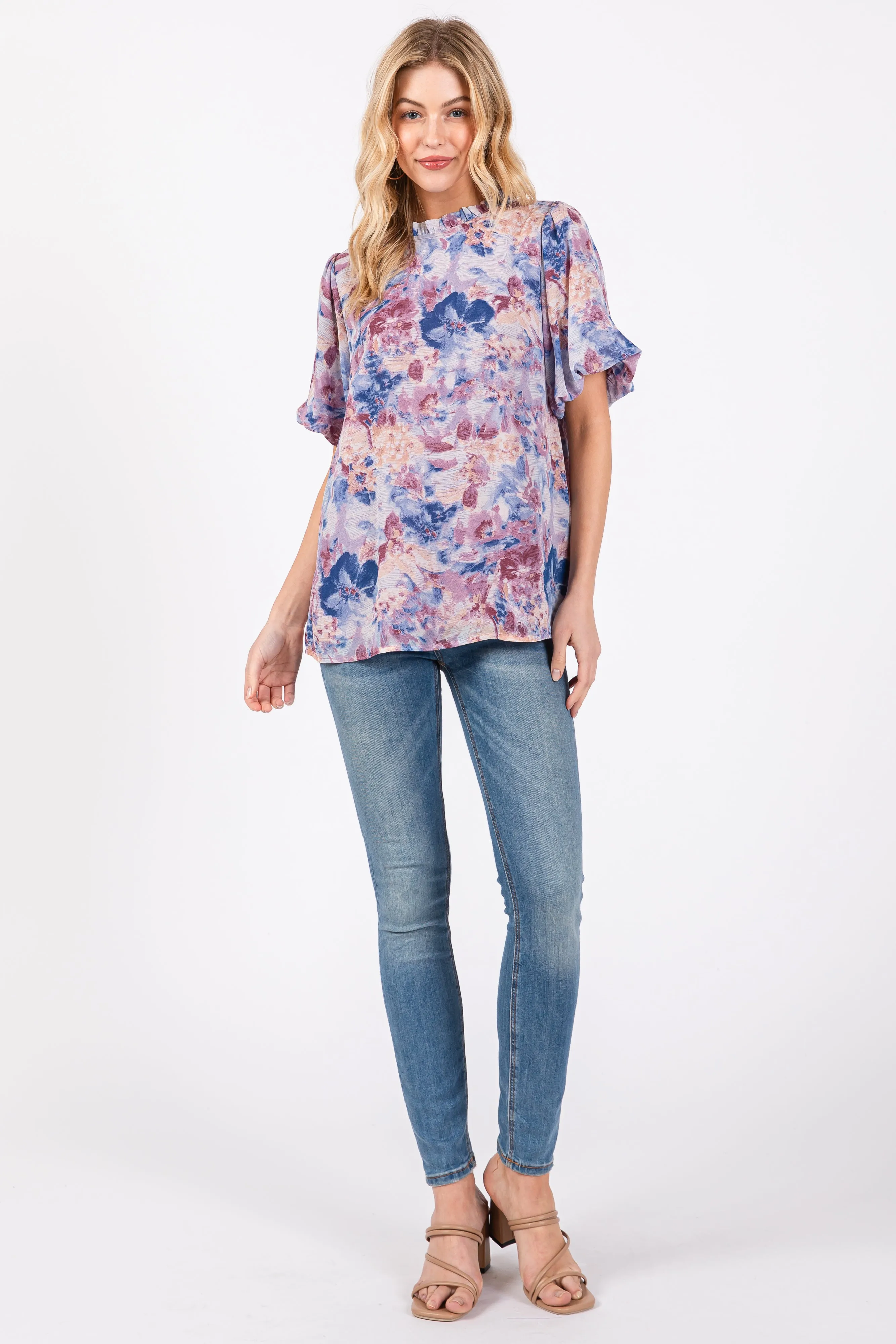 Blue Floral Puff Sleeve Blouse sold by Pinkblush product image thumbnail 4