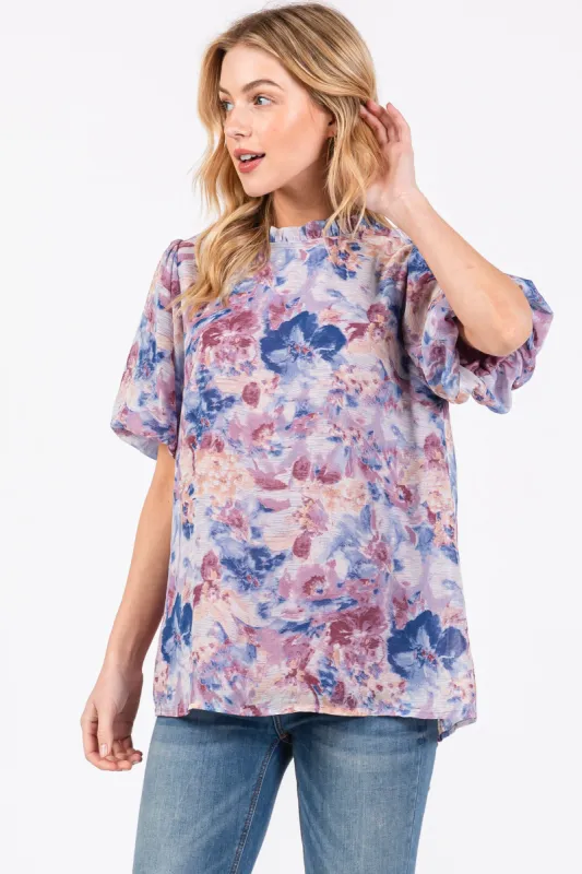 Blue Floral Puff Sleeve Blouse sold by Pinkblush