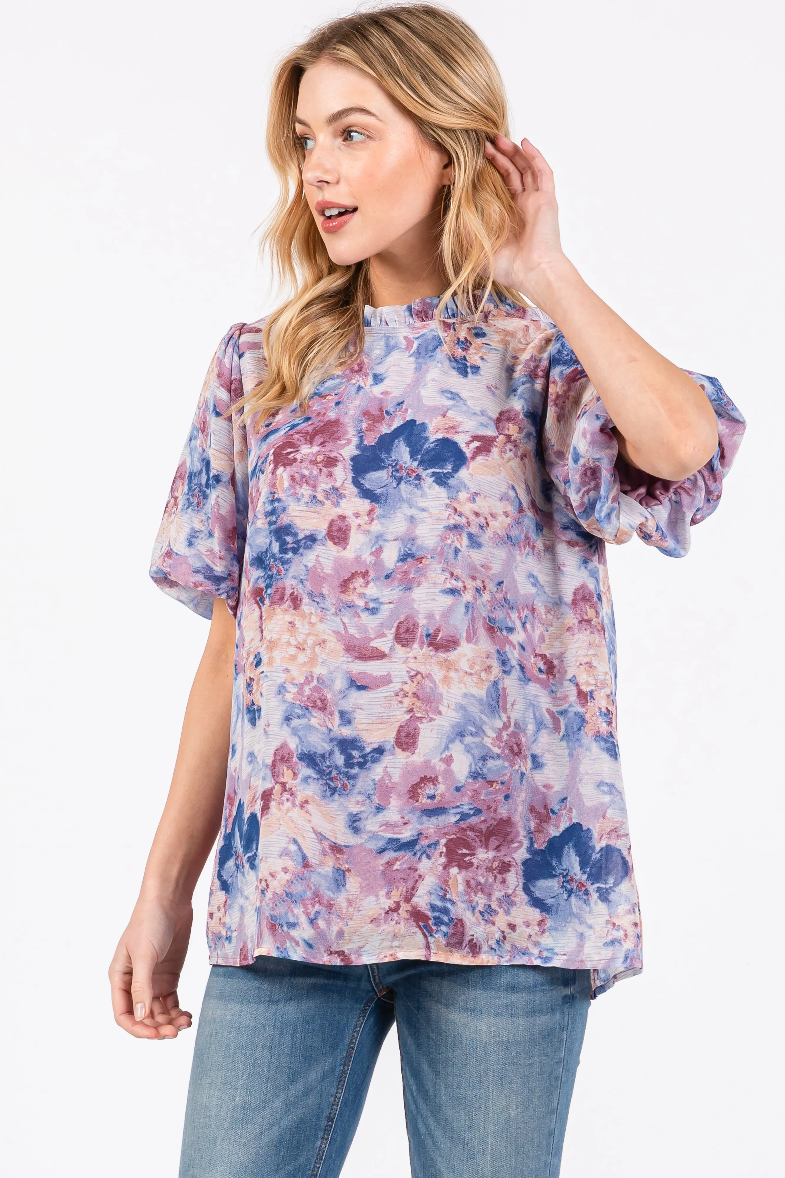 Blue Floral Puff Sleeve Blouse sold by Pinkblush