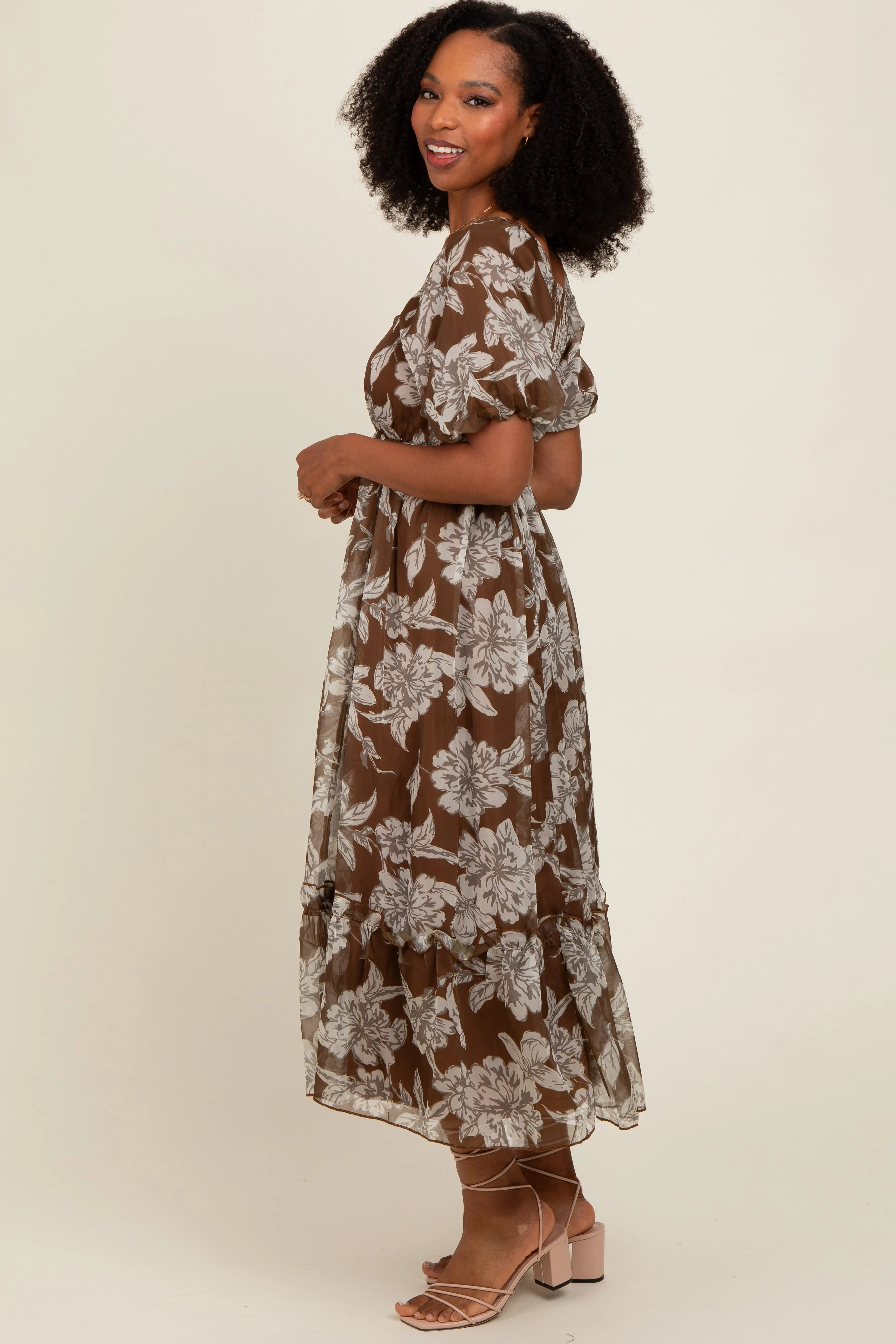 Brown Floral Chiffon Ruffle Hem Midi Dress sold by Pinkblush product image thumbnail 3