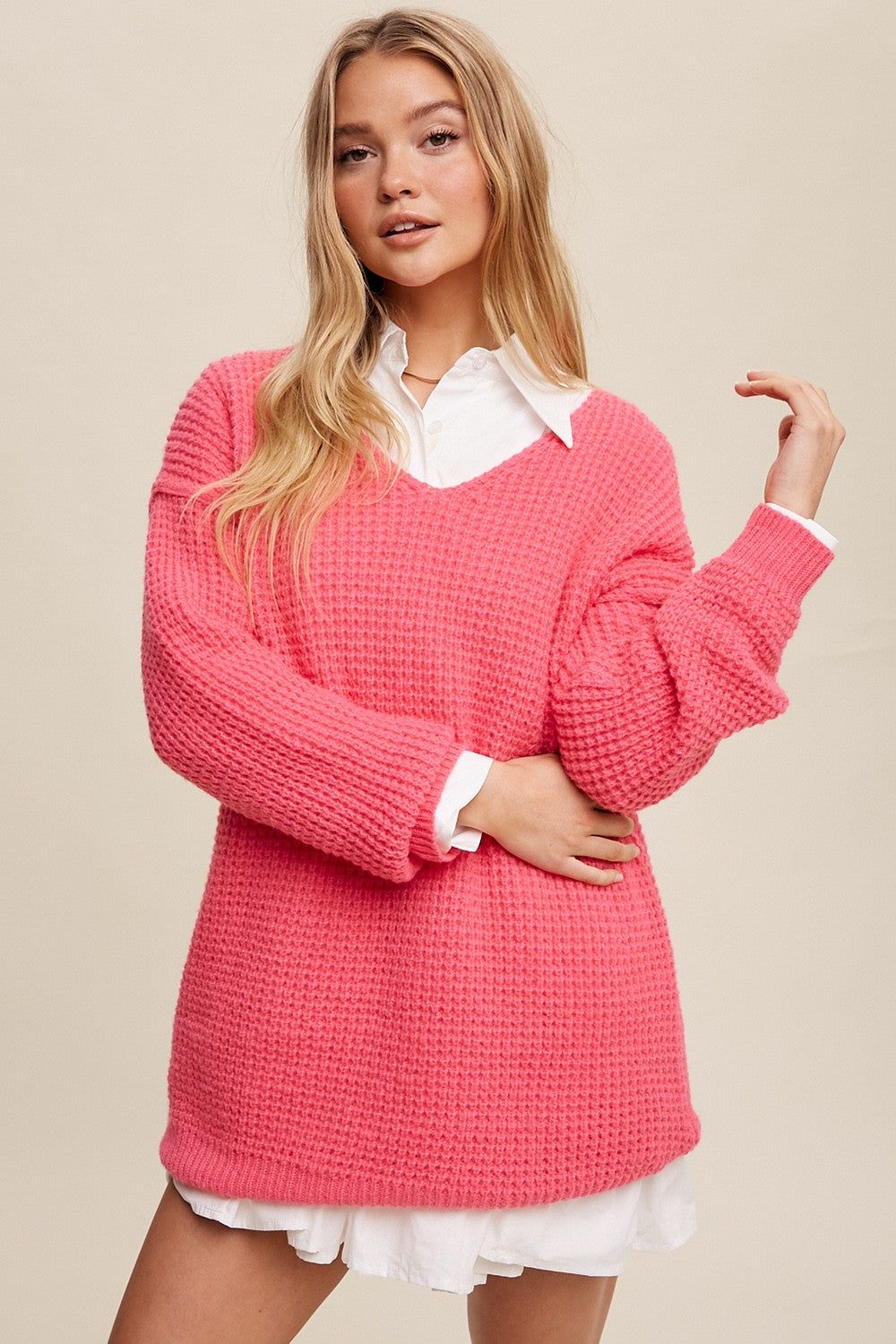 Fuchsia Chunky Knit V-Neck Side Slit Long Maternity Sweater sold by Pinkblush product image thumbnail 4