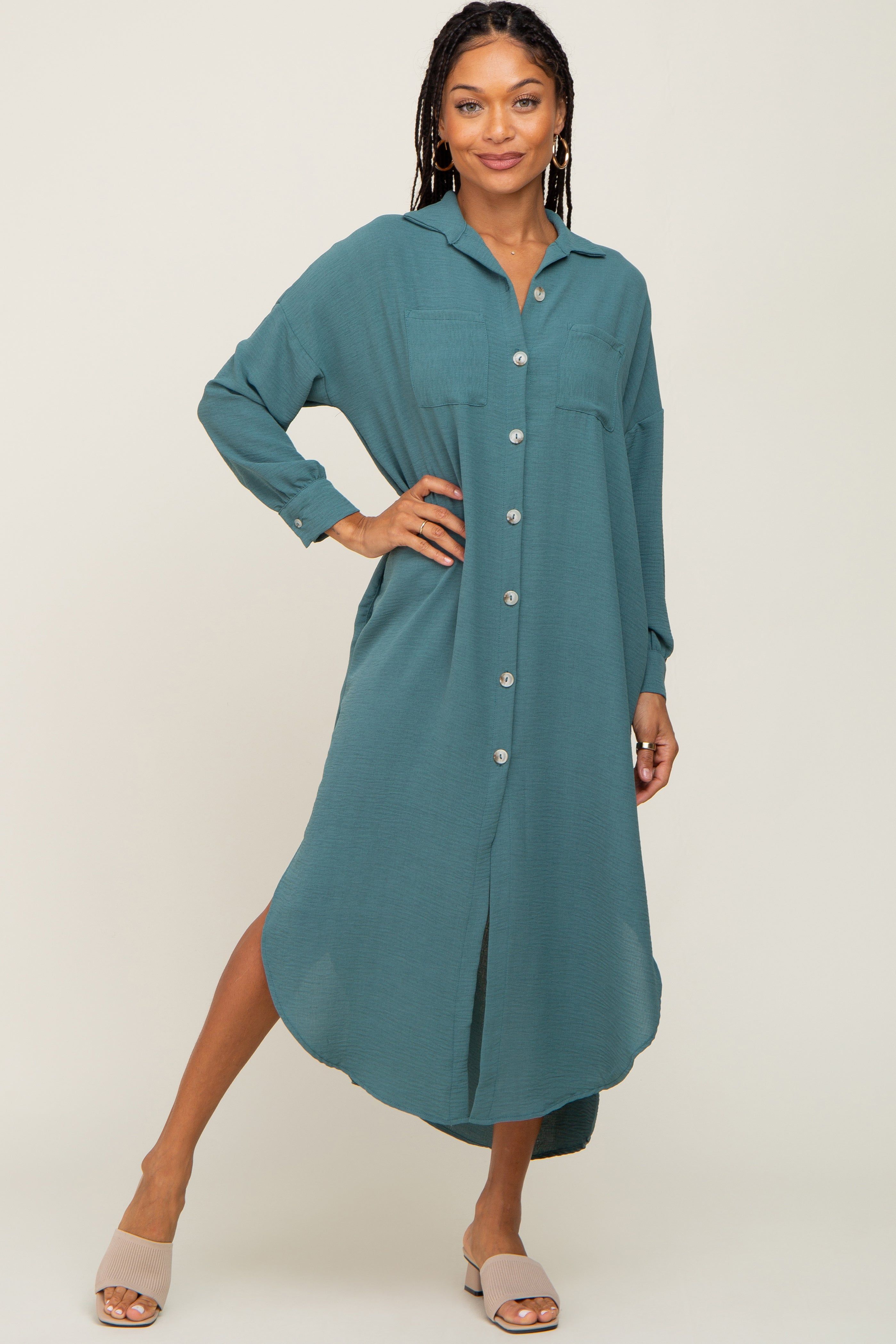 Teal Button Down Front Pocket Midi Dress sold by Pinkblush product image thumbnail 4