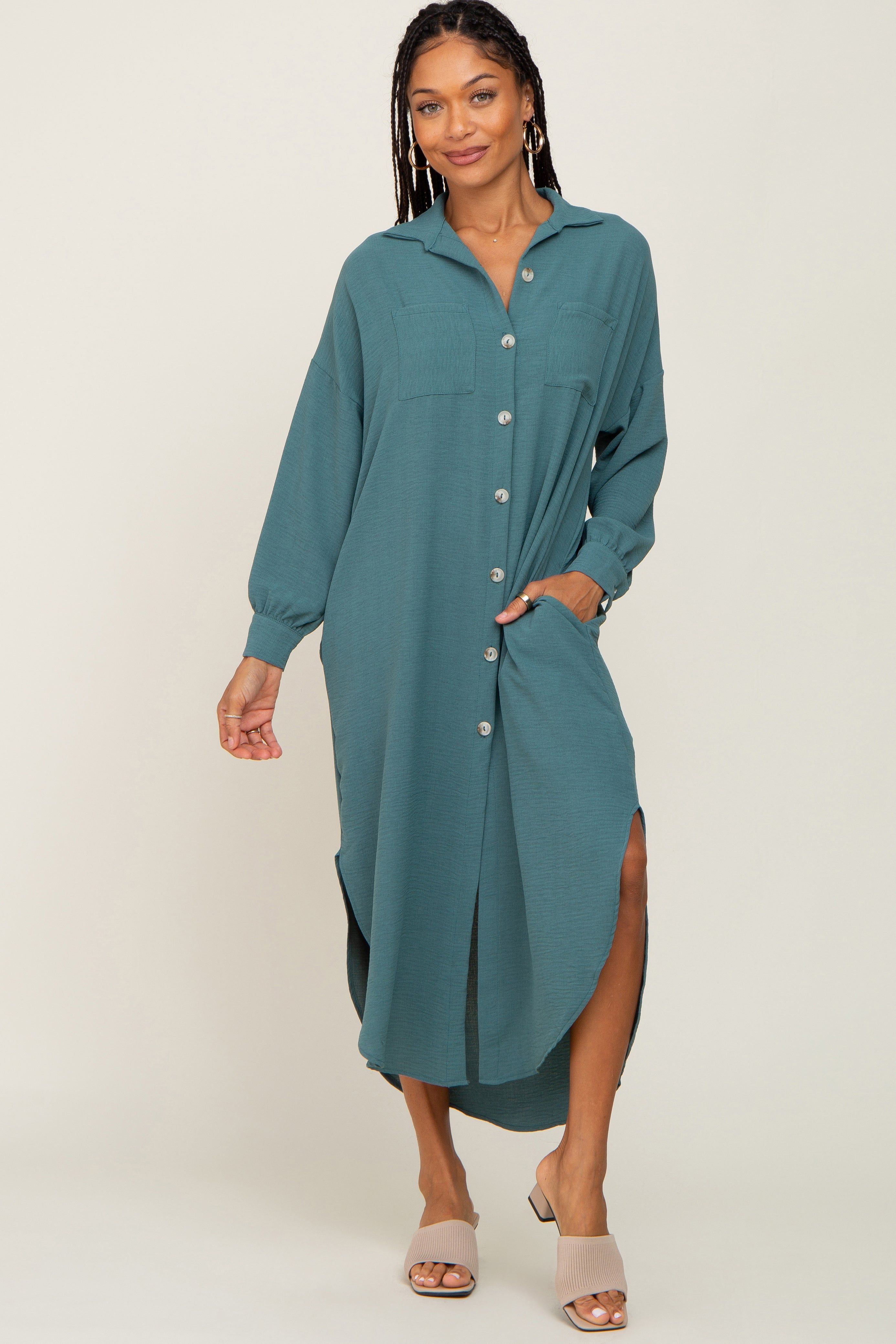 Teal Button Down Front Pocket Midi Dress sold by Pinkblush