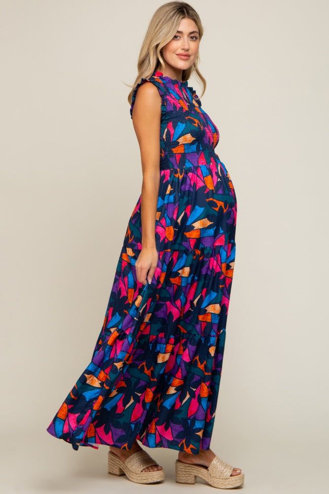 Multi-Color Print Smocked Ruffle Mock Neck Tiered Maternity Maxi Dress sold by Pinkblush product image thumbnail 3