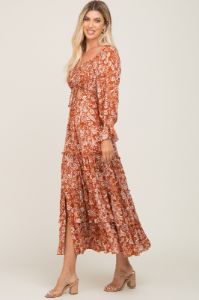 Rust Floral Cutout Smocked Tiered Maxi Dress sold by Pinkblush