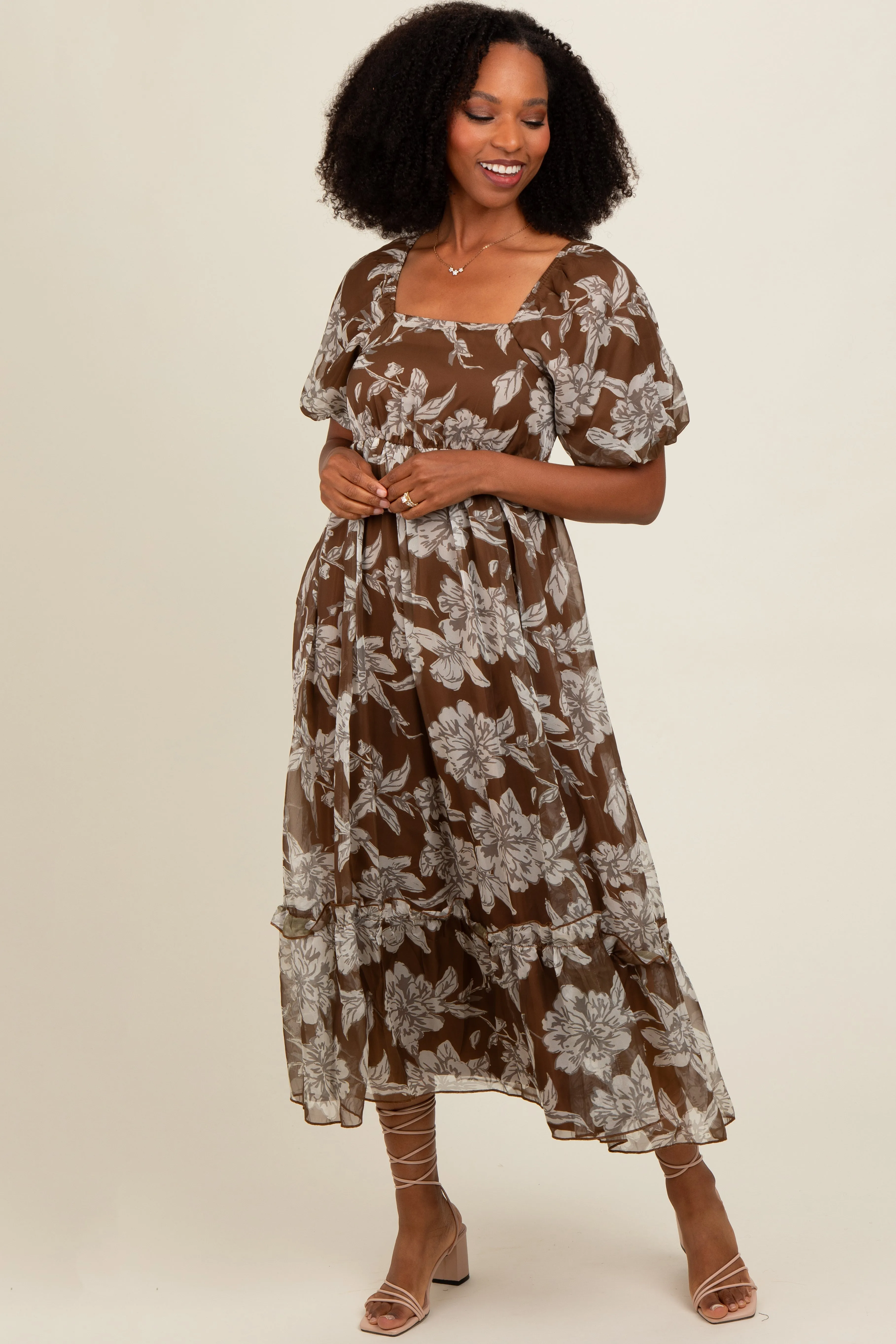 Brown Floral Chiffon Ruffle Hem Midi Dress sold by Pinkblush