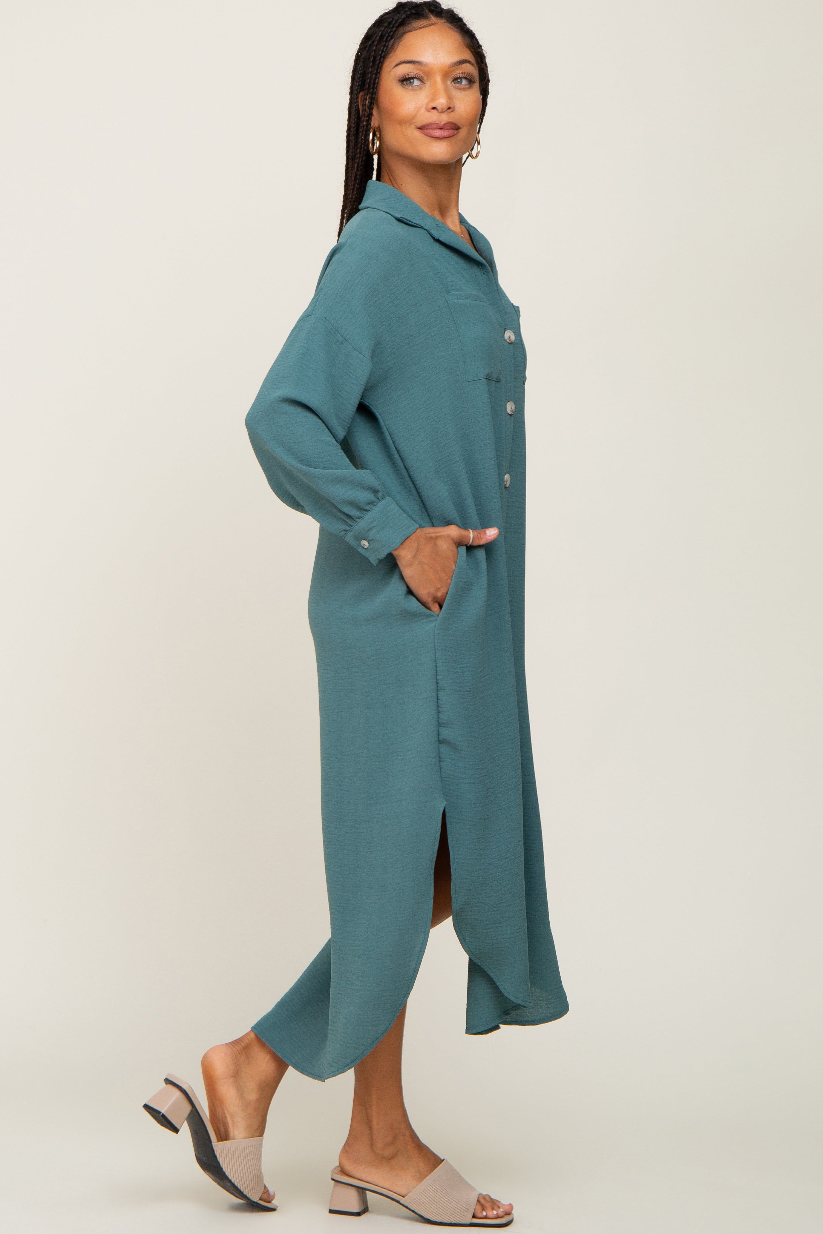 Teal Button Down Front Pocket Midi Dress sold by Pinkblush product image thumbnail 2