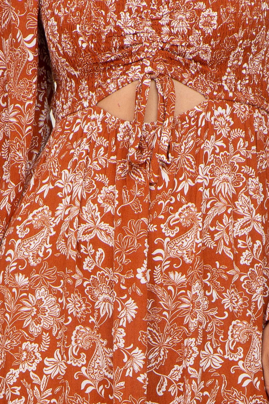 Rust Floral Cutout Smocked Tiered Maxi Dress sold by Pinkblush product image thumbnail 4