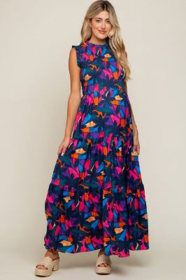 Multi-Color Print Smocked Ruffle Mock Neck Tiered Maternity Maxi Dress sold by Pinkblush