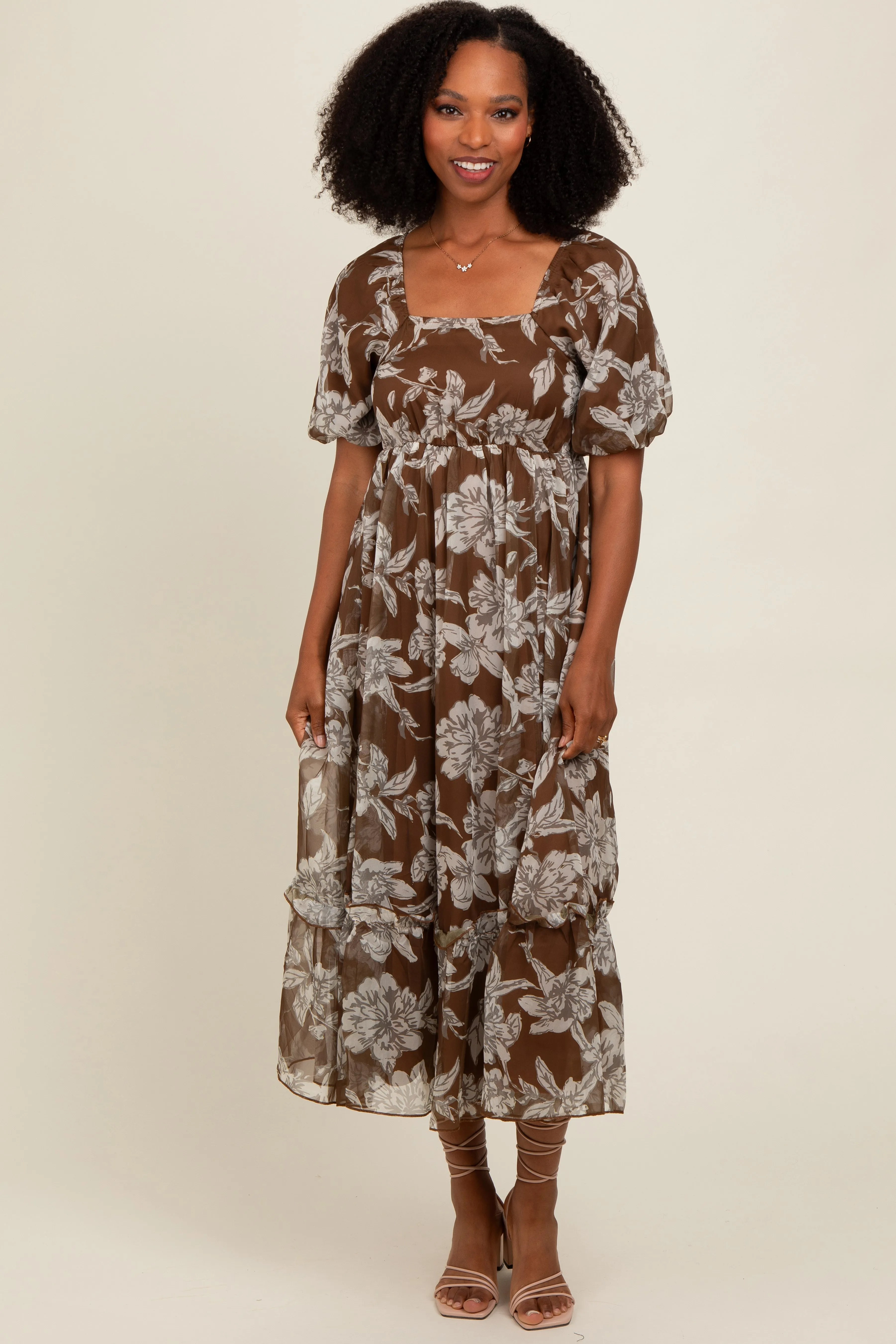 Brown Floral Chiffon Ruffle Hem Midi Dress sold by Pinkblush product image thumbnail 2