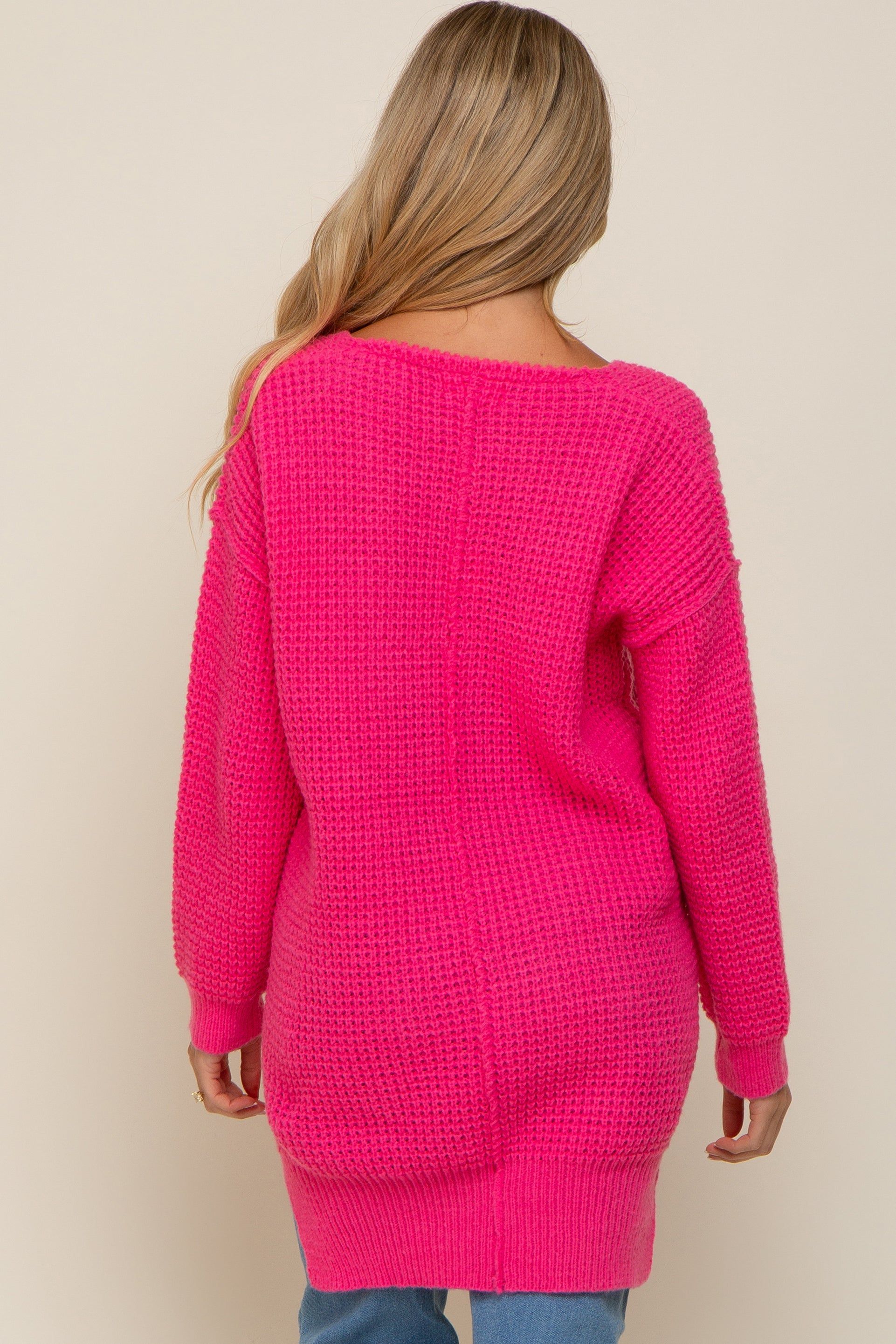 Fuchsia Chunky Knit V-Neck Side Slit Long Maternity Sweater sold by Pinkblush product image thumbnail 3