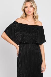 Black Pleated Ruffle Off Shoulder Maxi Dress sold by Pinkblush
