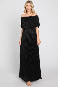 Black Pleated Ruffle Off Shoulder Maxi Dress sold by Pinkblush