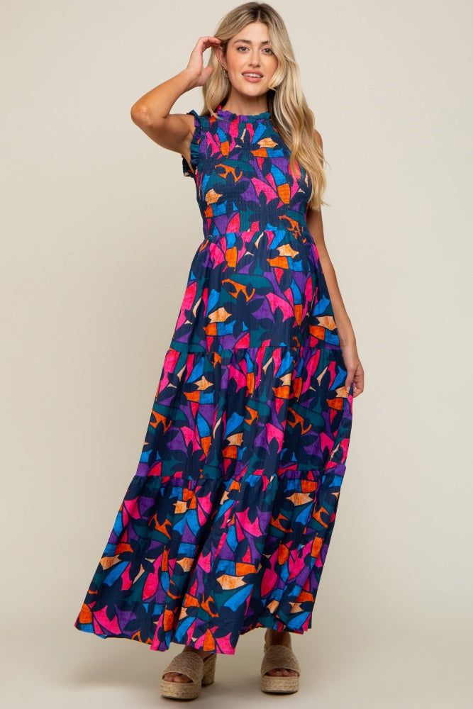 Multi-Color Print Smocked Ruffle Mock Neck Tiered Maternity Maxi Dress sold by Pinkblush product image thumbnail 5