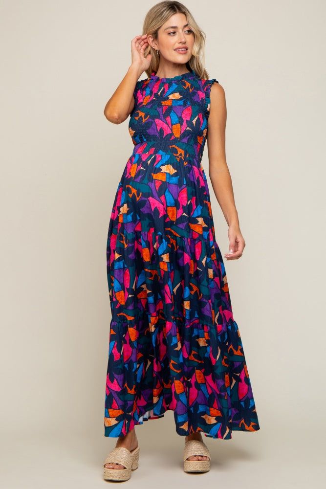 Multi-Color Print Smocked Ruffle Mock Neck Tiered Maternity Maxi Dress sold by Pinkblush product image thumbnail 2