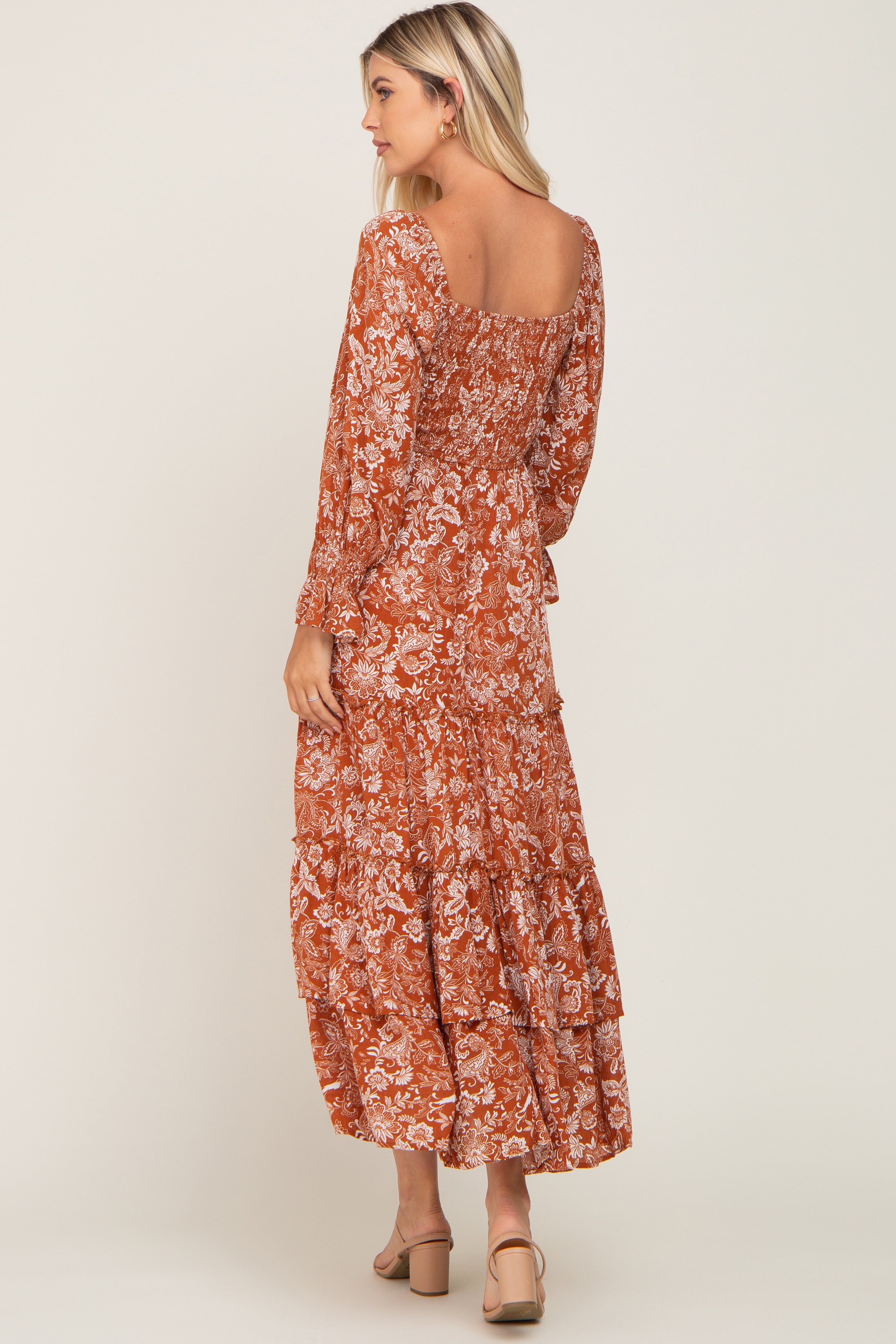Rust Floral Cutout Smocked Tiered Maxi Dress sold by Pinkblush product image thumbnail 3
