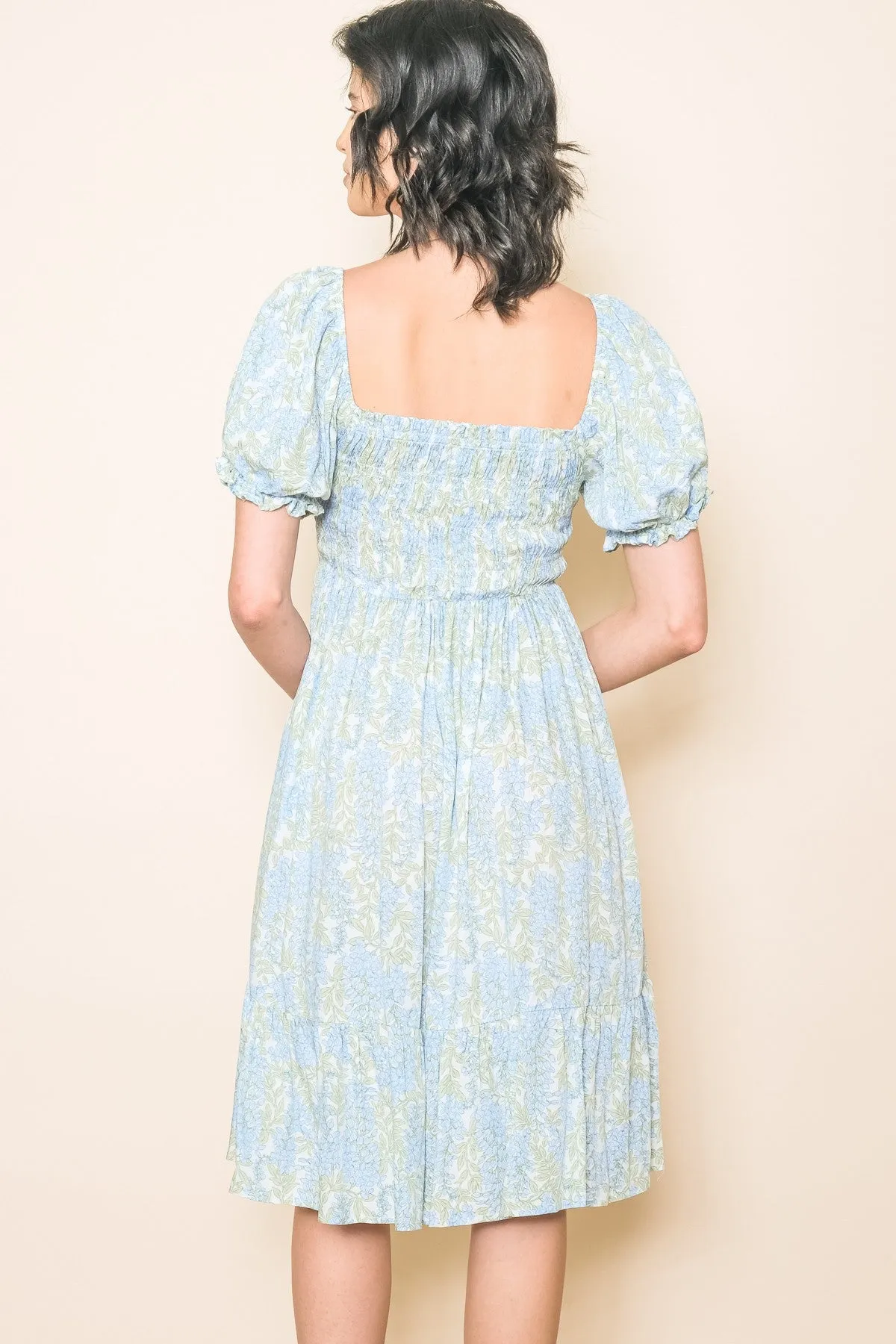 Light Blue Floral Puff Sleeve Smocked Chest Dress sold by Pinkblush product image thumbnail 3