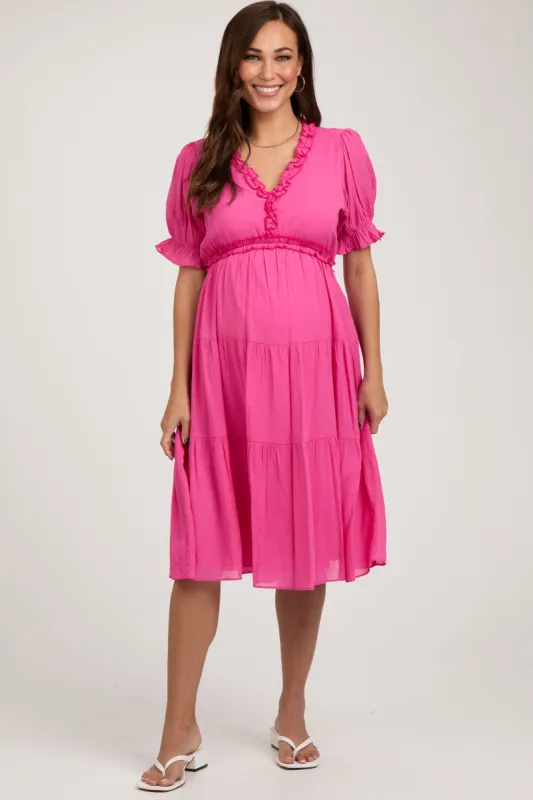 Fuchsia Ruffle Trim Tiered Maternity Dress sold by Pinkblush