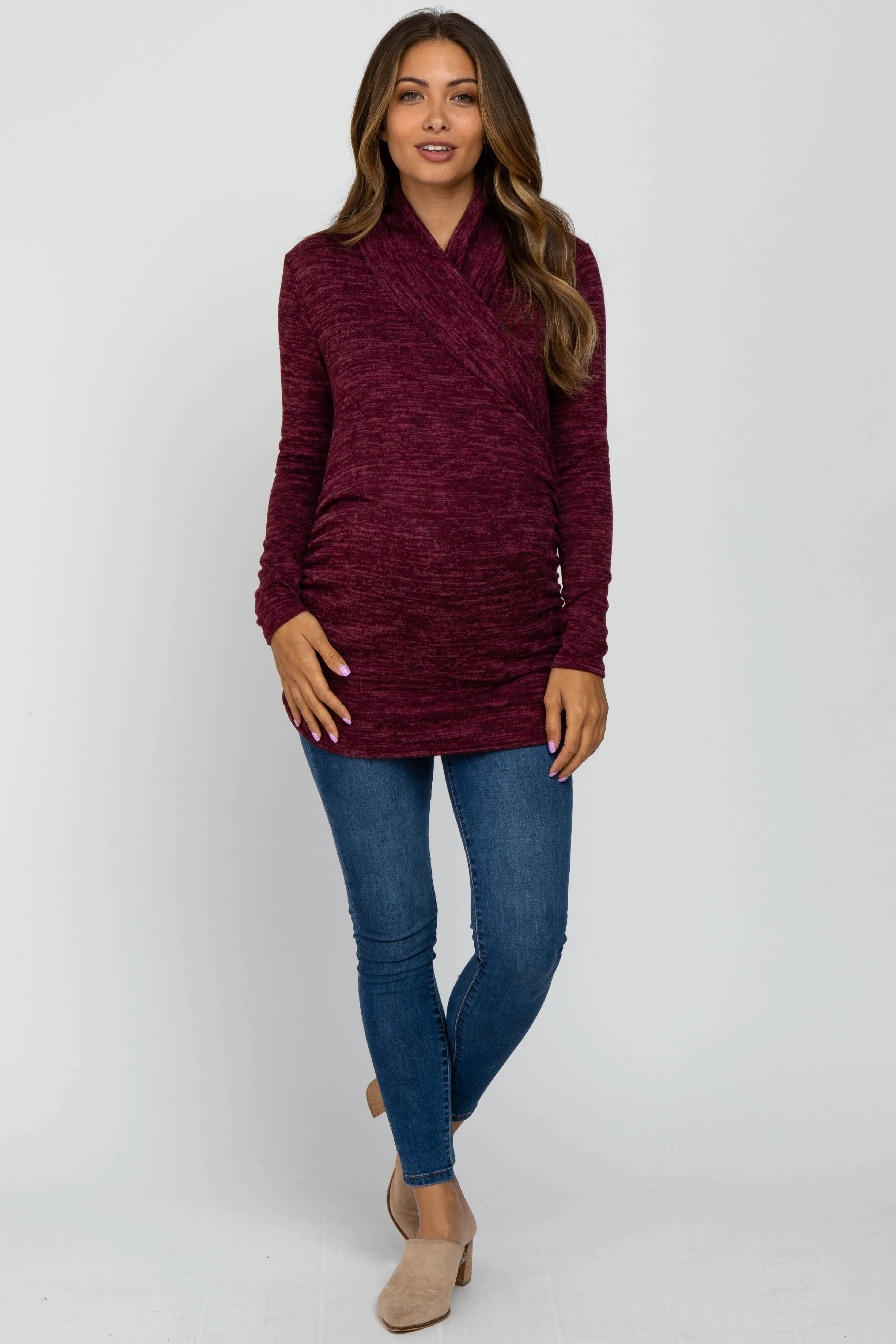 Burgundy Soft Heathered Draped Wrap Maternity/Nursing Top sold by Pinkblush product image thumbnail 2