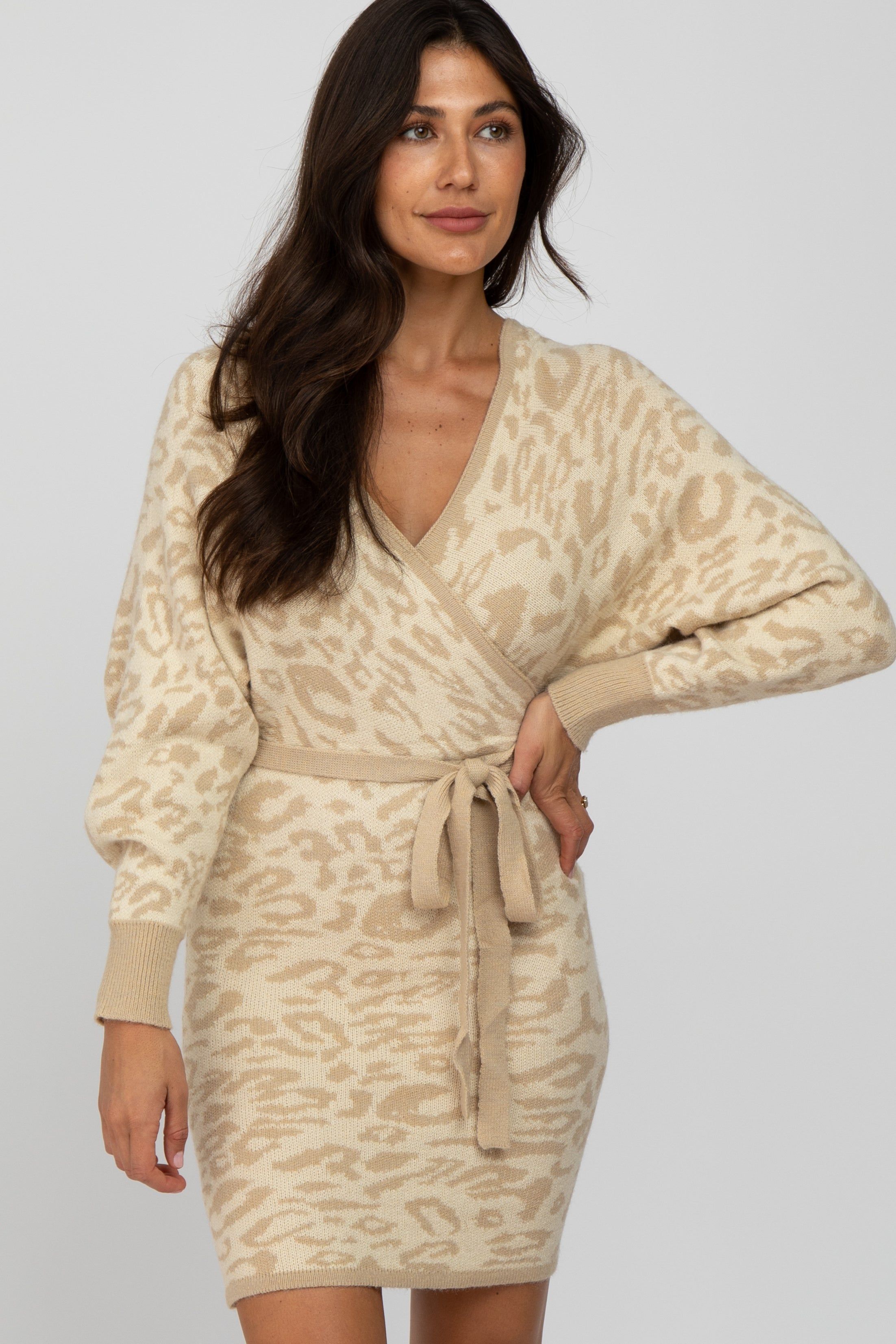 Beige Leopard Print Knit Tie Back Dress sold by Pinkblush product image thumbnail 4