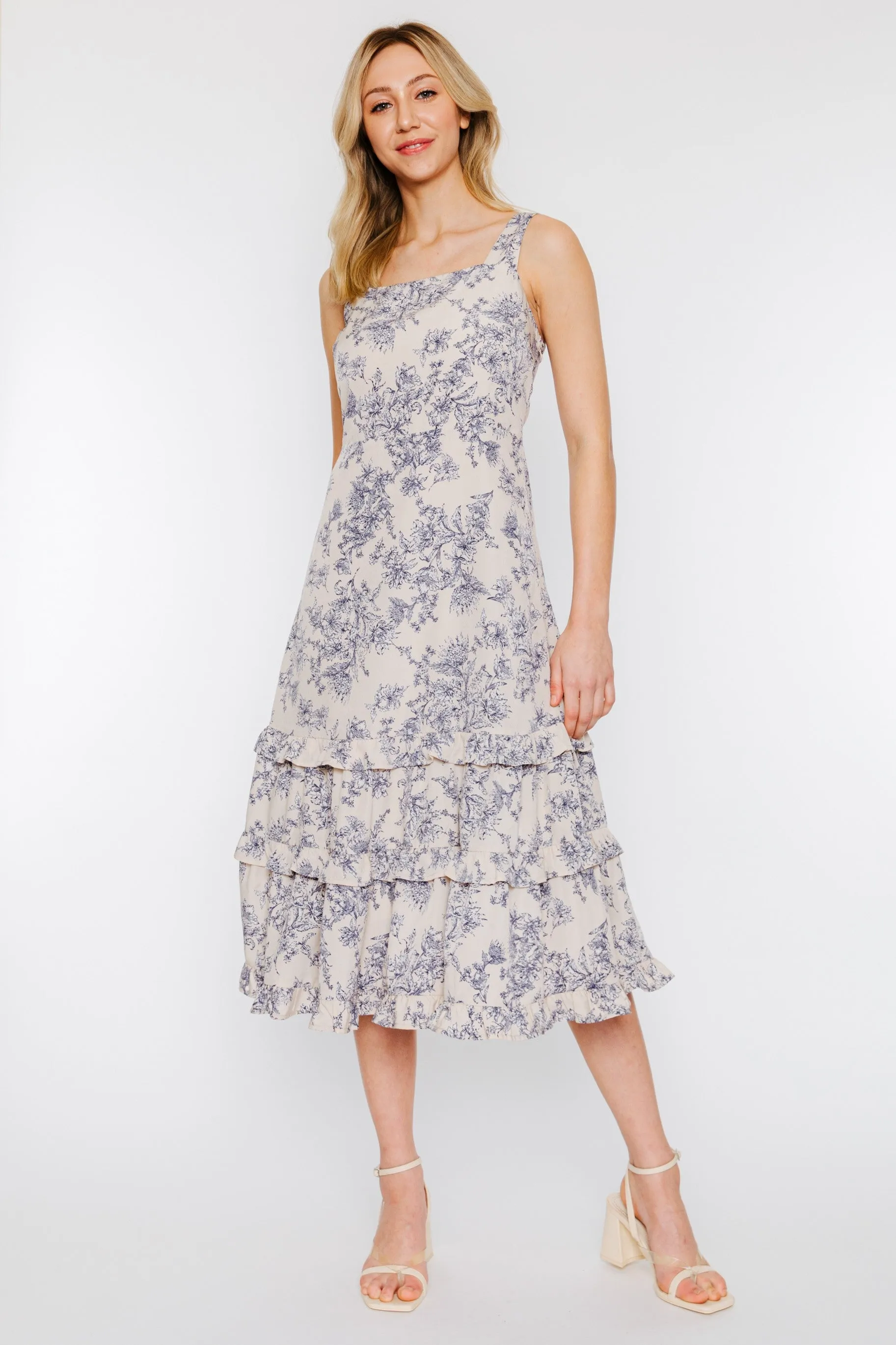 Beige Slate Blue Square Neck Tiered Midi Dress sold by Pinkblush