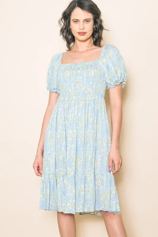 Light Blue Floral Puff Sleeve Smocked Chest Dress sold by Pinkblush