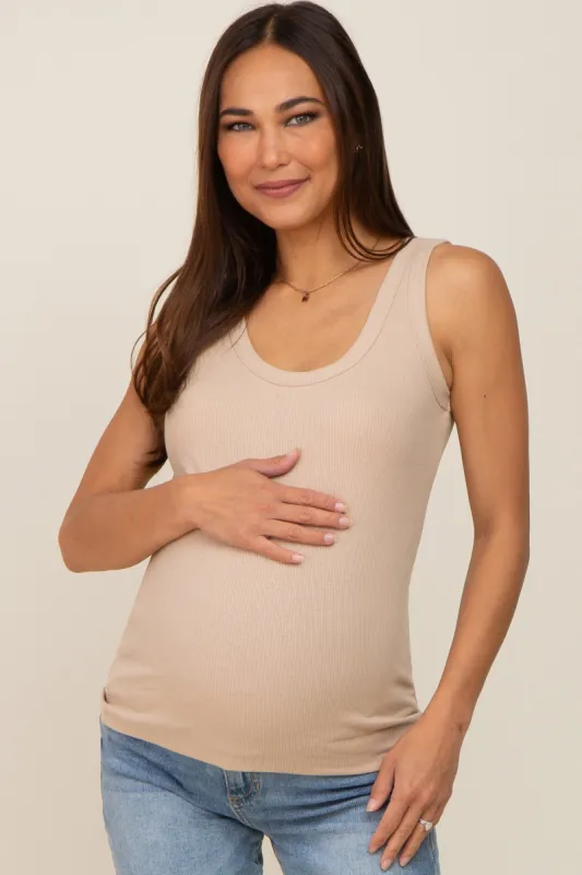 Beige Ribbed Basic Maternity Tank sold by Pinkblush