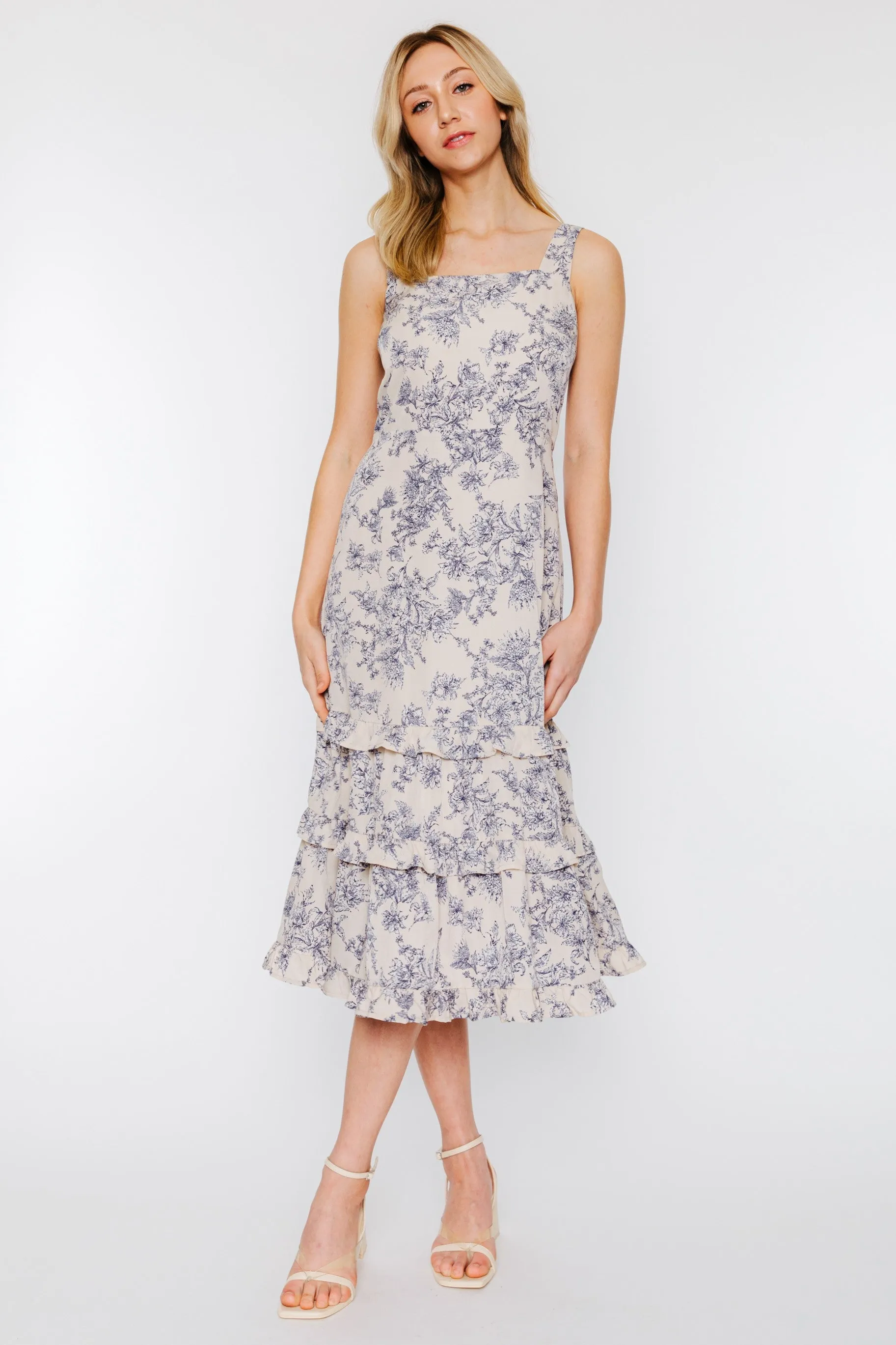 Beige Slate Blue Square Neck Tiered Midi Dress sold by Pinkblush product image thumbnail 2