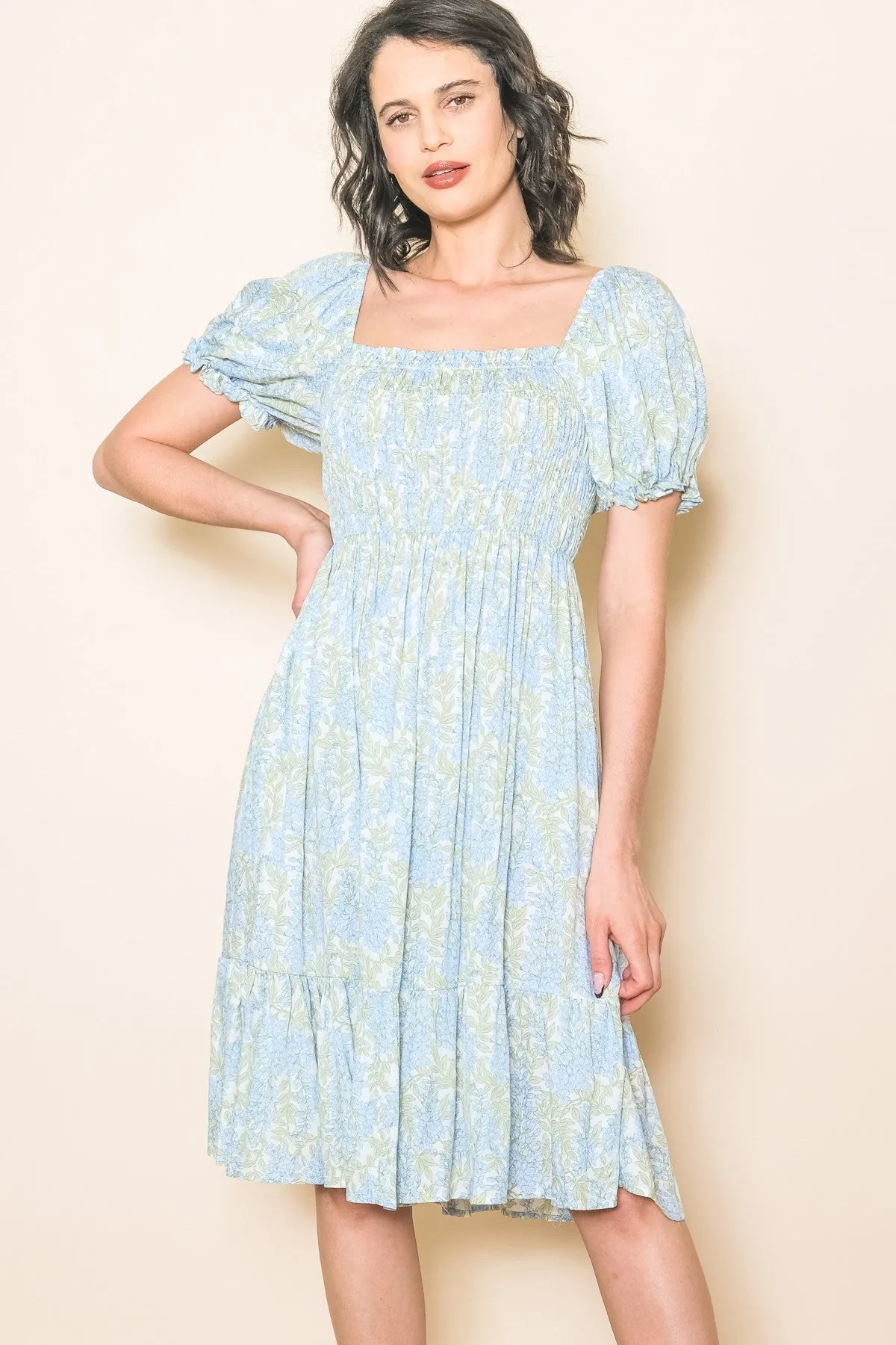 Light Blue Floral Puff Sleeve Smocked Chest Dress sold by Pinkblush product image thumbnail 2