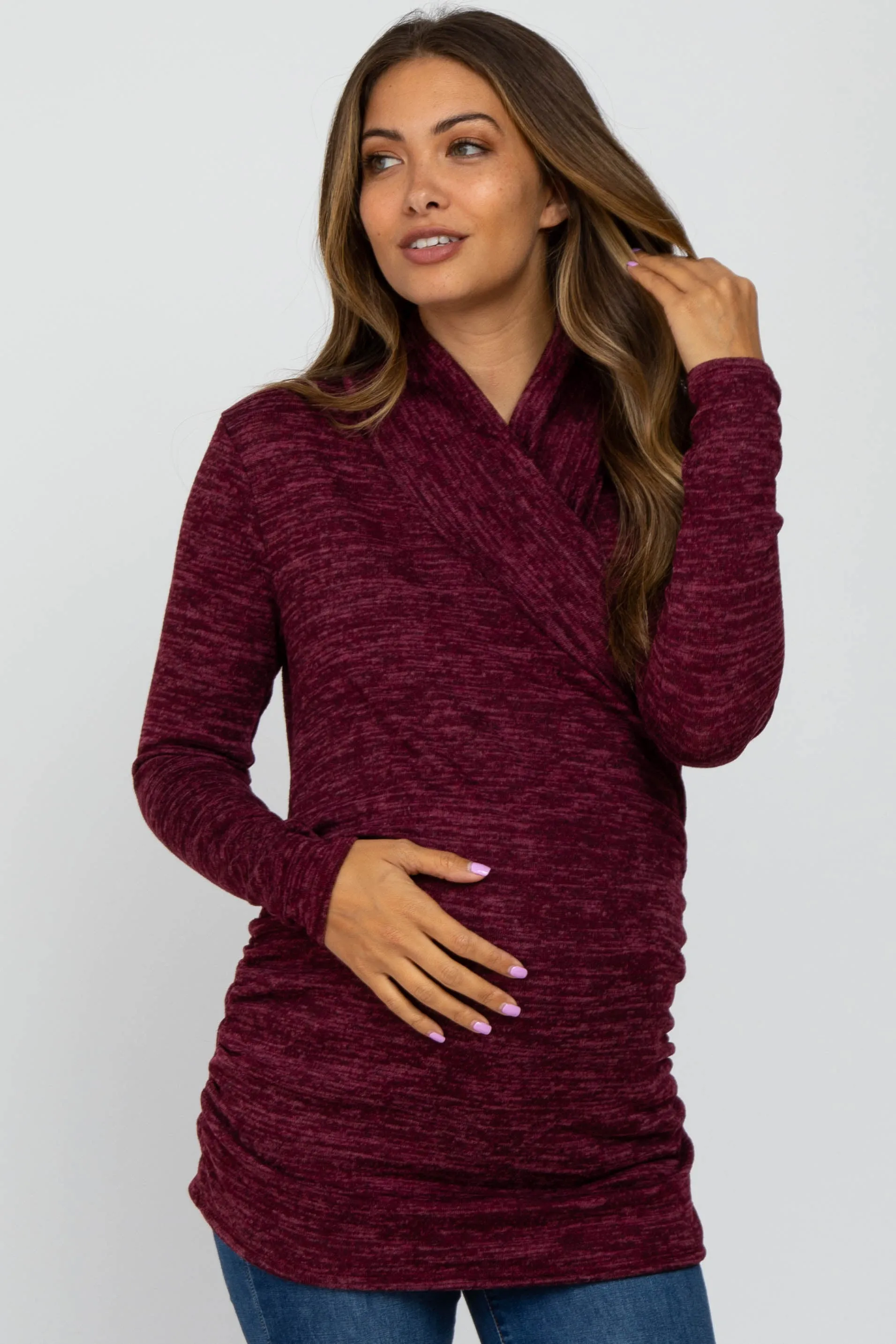 Burgundy Soft Heathered Draped Wrap Maternity/Nursing Top sold by Pinkblush