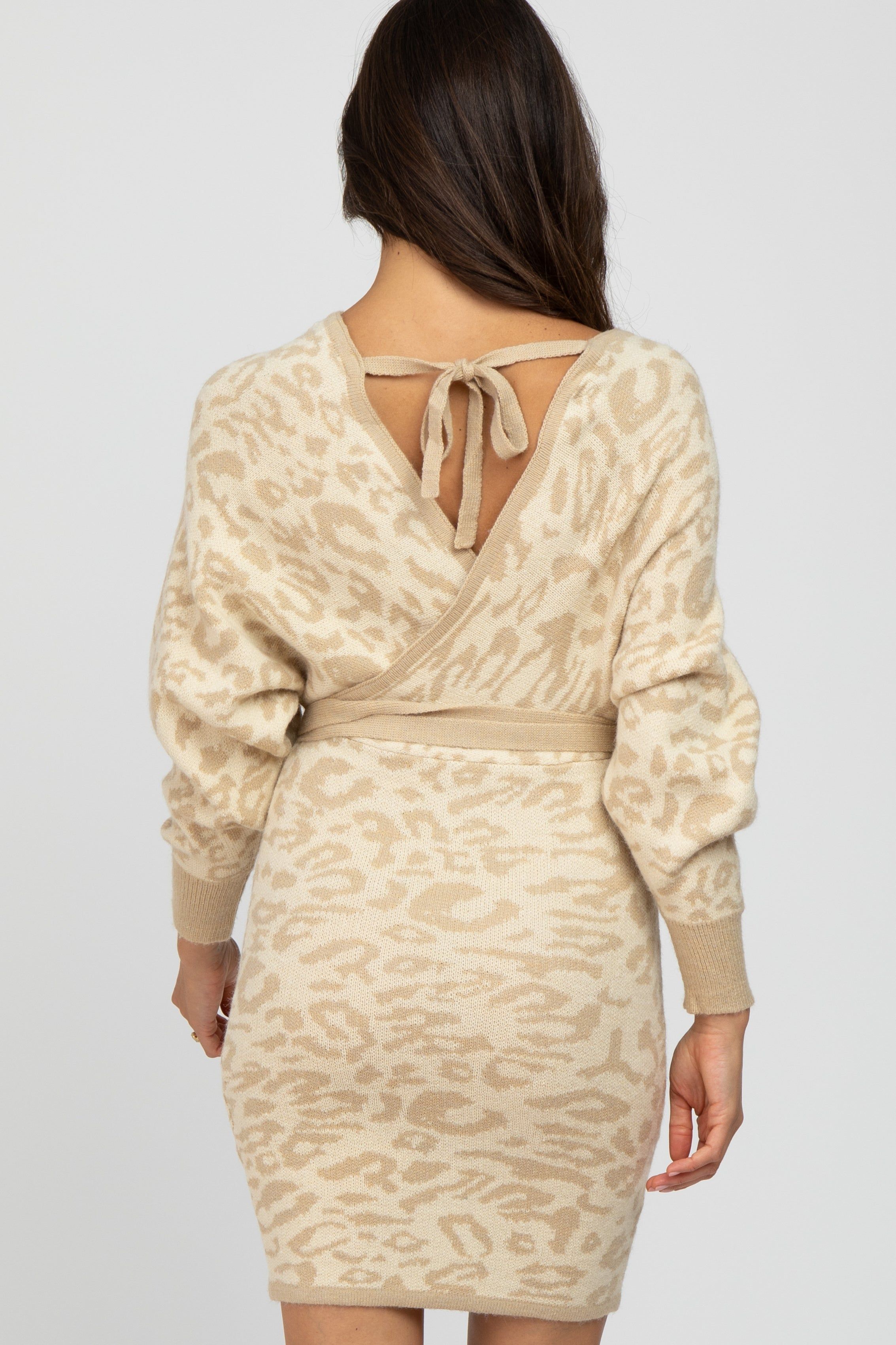 Beige Leopard Print Knit Tie Back Dress sold by Pinkblush product image thumbnail 3