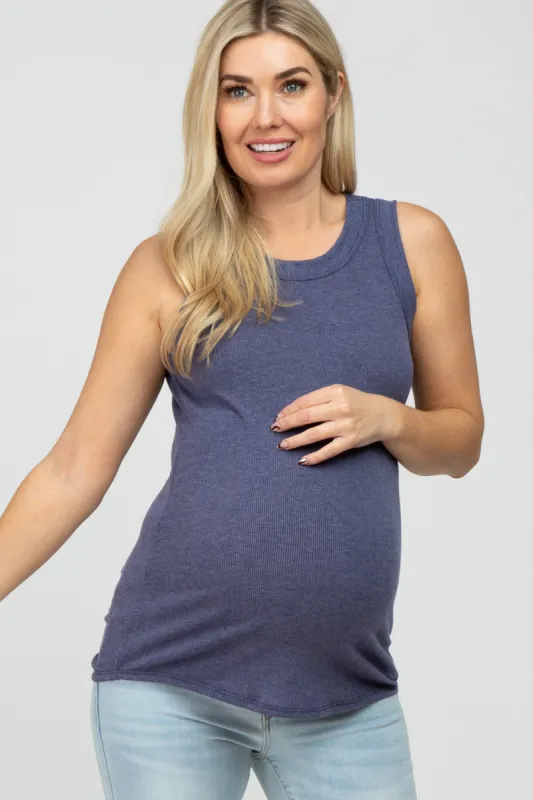 Blue Ribbed Sleeveless Maternity Top sold by Pinkblush