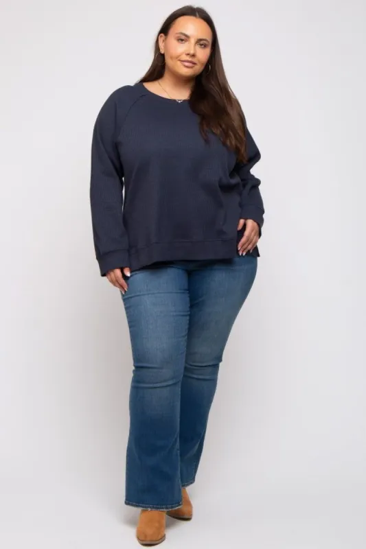 Navy Oversized Waffle Knit Plus Long Sleeve Top sold by Pinkblush