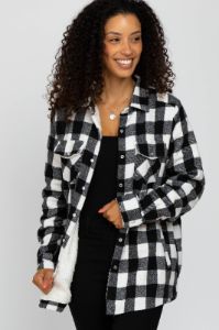 White Black Plaid Sherpa Lined Maternity Jacket sold by Pinkblush
