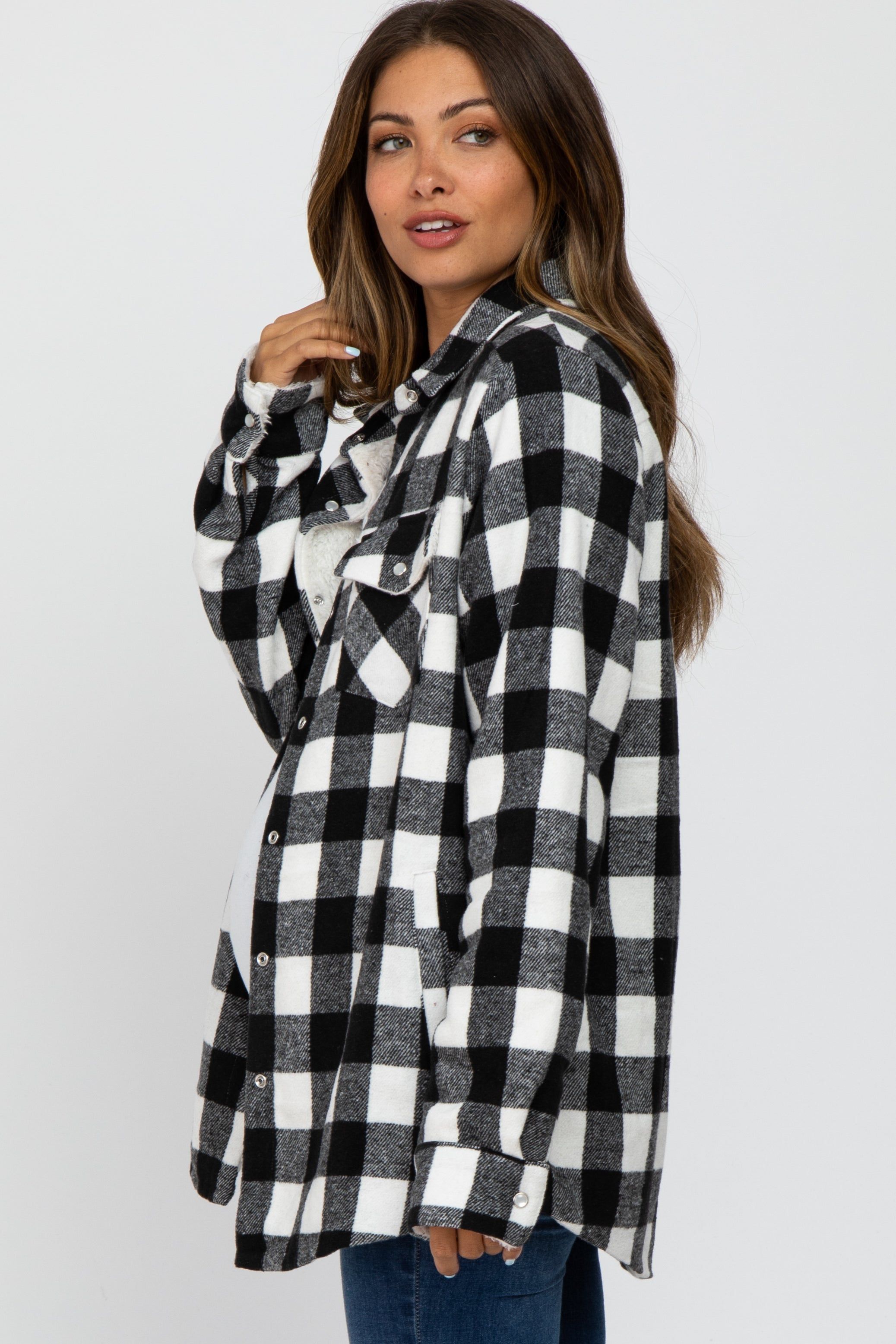 White Black Plaid Sherpa Lined Maternity Jacket sold by Pinkblush product image thumbnail 2