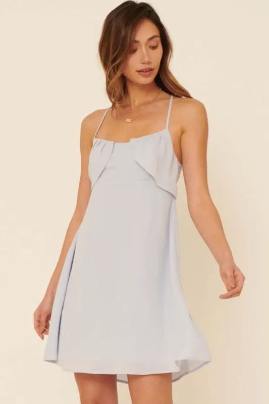 Periwinkle Blue Solid Woven Square Neck Draped Bodice Mini Dress sold by Pinkblush