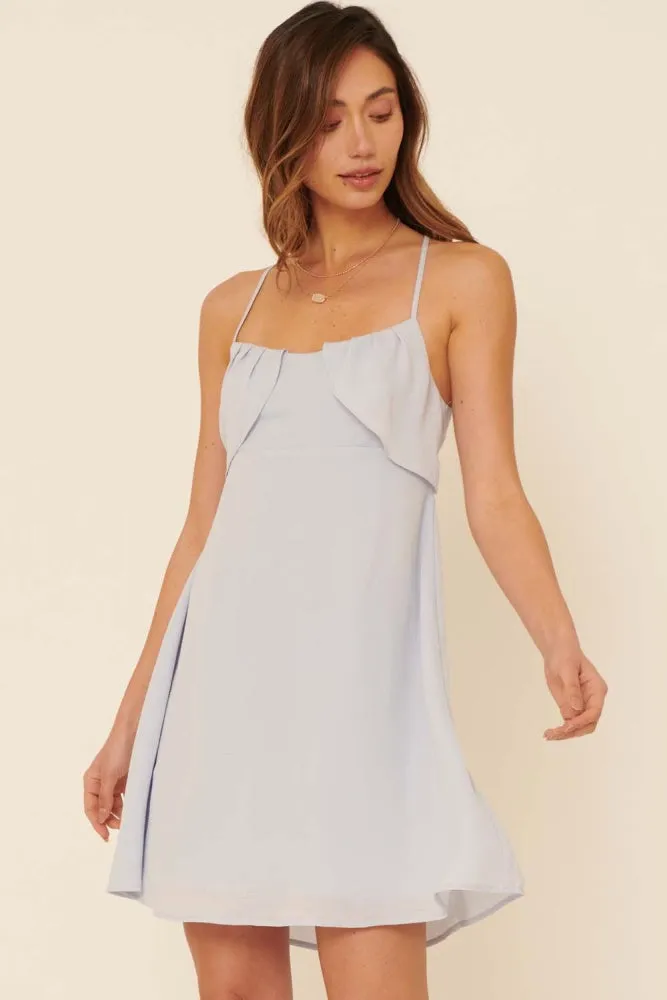 Periwinkle Blue Solid Woven Square Neck Draped Bodice Mini Dress sold by Pinkblush