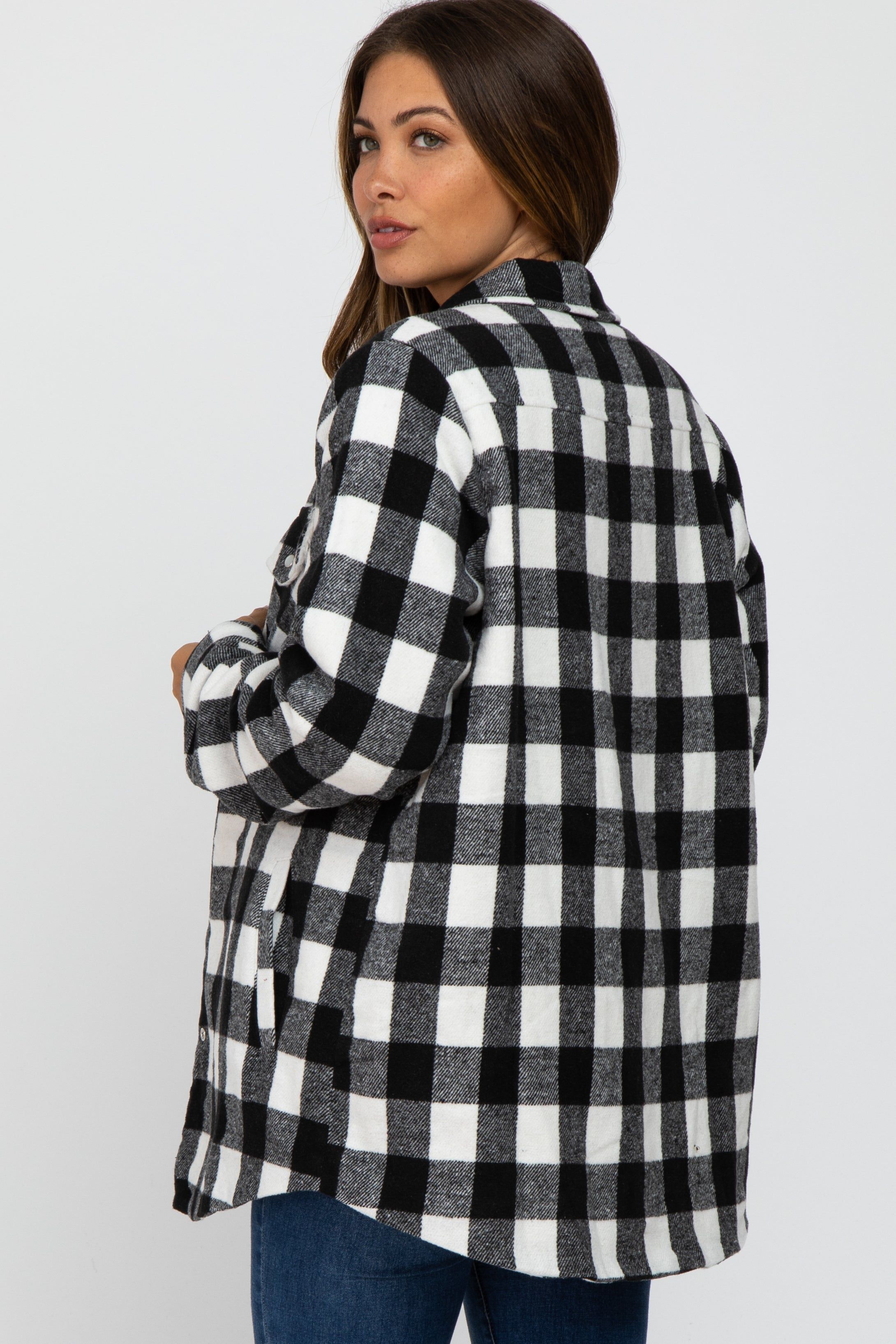 White Black Plaid Sherpa Lined Maternity Jacket sold by Pinkblush product image thumbnail 3
