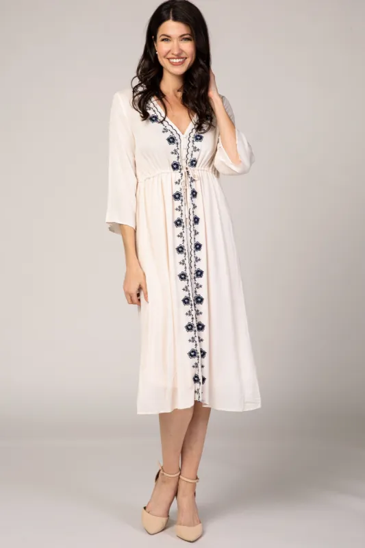 Beige Floral Embroidered 3/4 Sleeve Midi Dress sold by Pinkblush