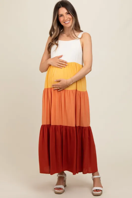 Orange Tiered Colorblock Maternity Maxi Dress sold by Pinkblush