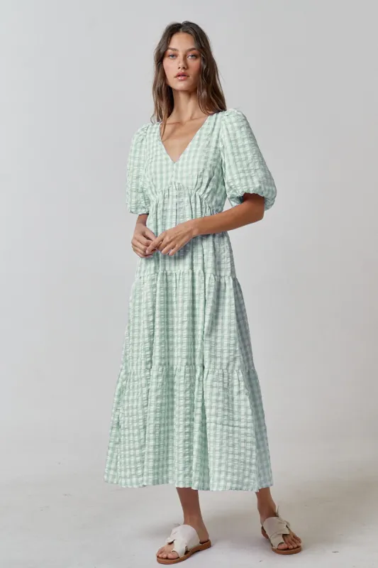 Light Olive Gingham Puff Sleeve Tiered Midi Dress sold by Pinkblush