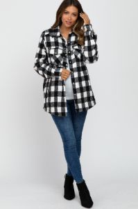 White Black Plaid Sherpa Lined Maternity Jacket sold by Pinkblush