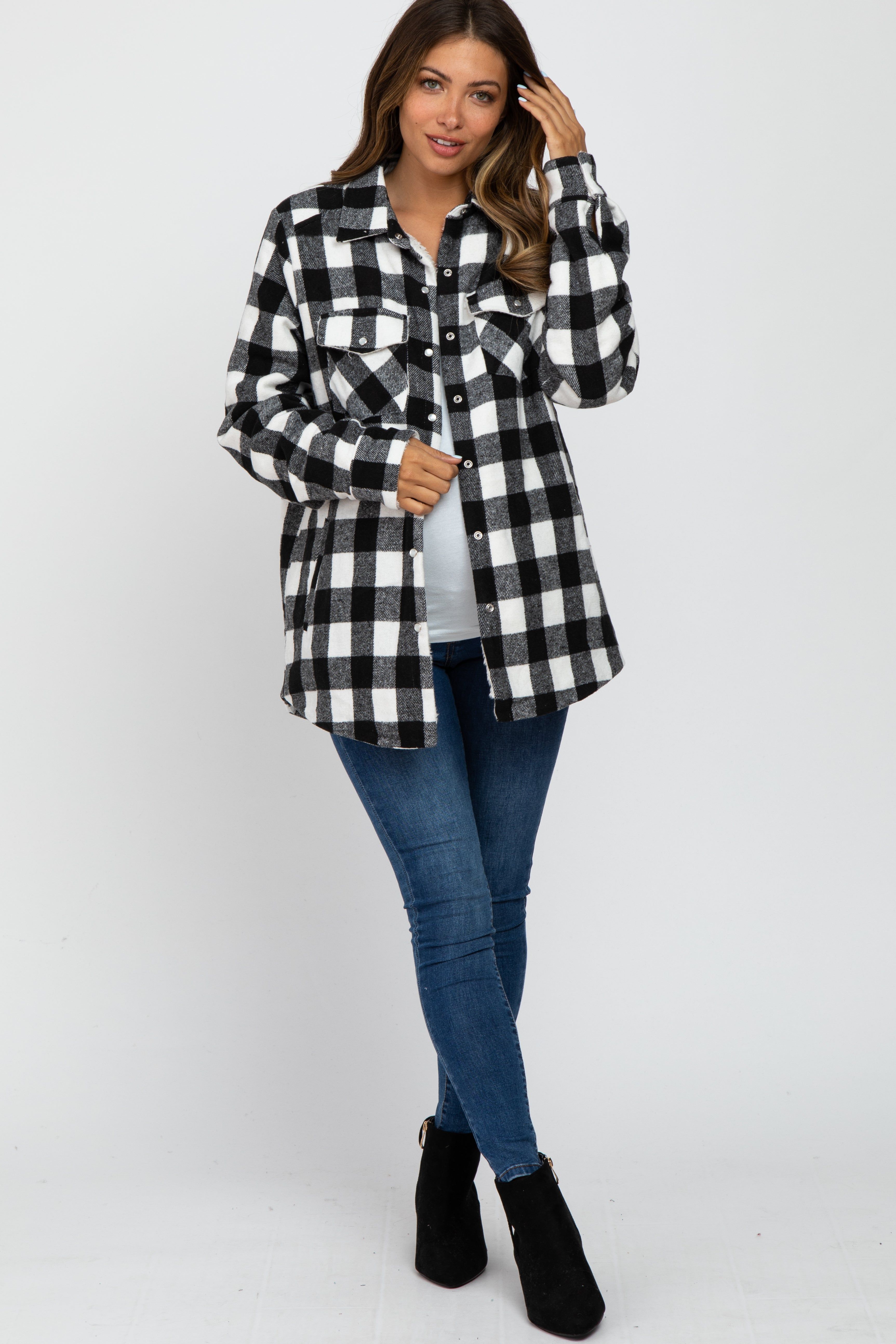 White Black Plaid Sherpa Lined Maternity Jacket sold by Pinkblush product image thumbnail 4