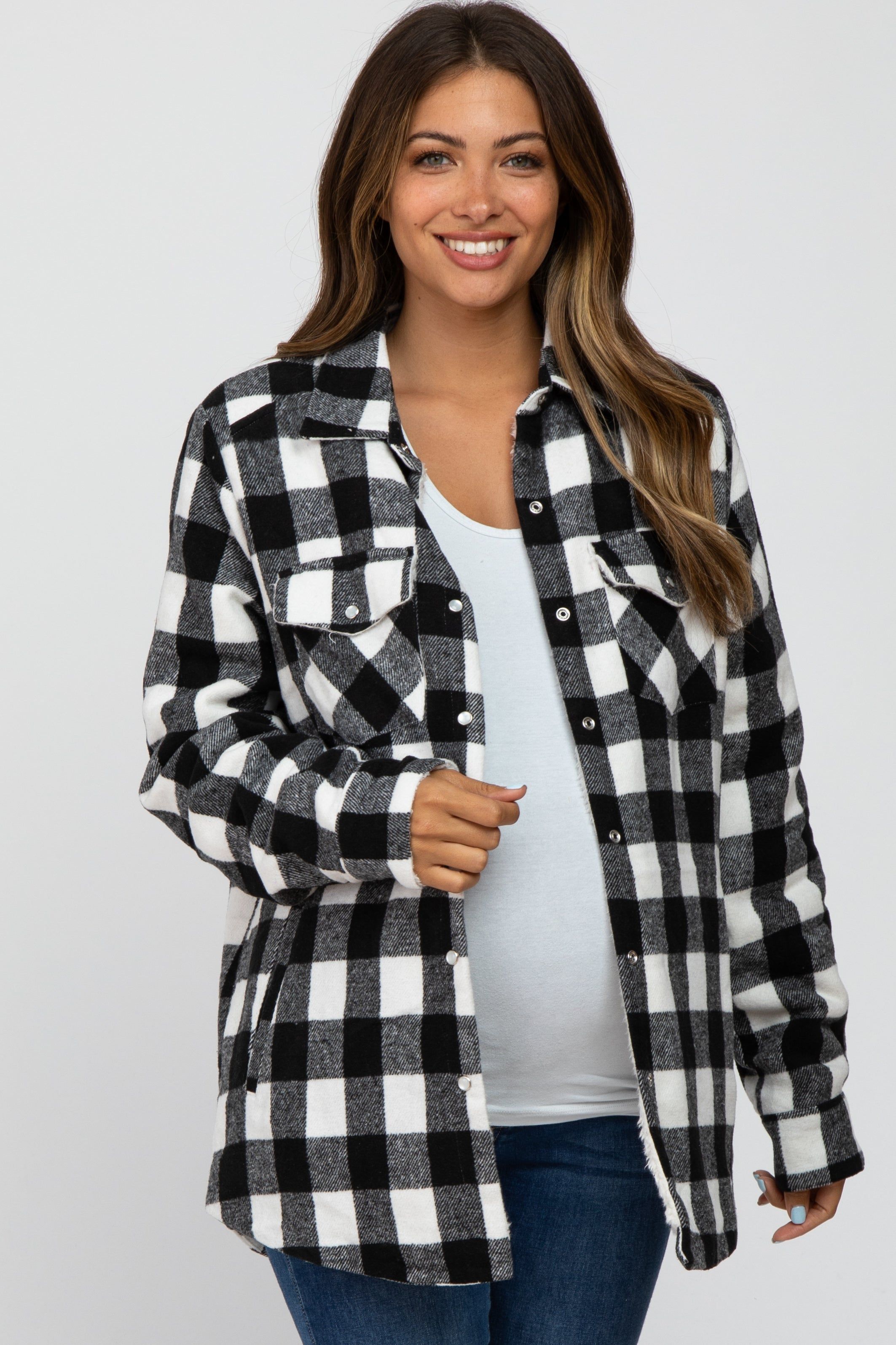 White Black Plaid Sherpa Lined Maternity Jacket sold by Pinkblush