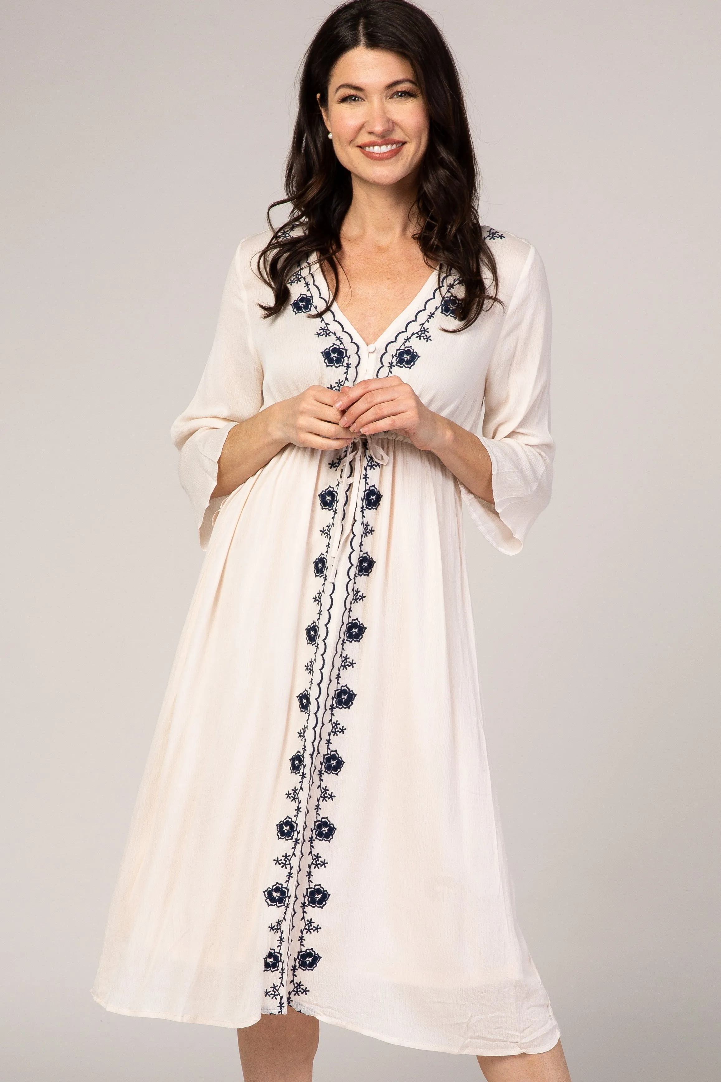 Beige Floral Embroidered 3/4 Sleeve Midi Dress sold by Pinkblush product image thumbnail 2