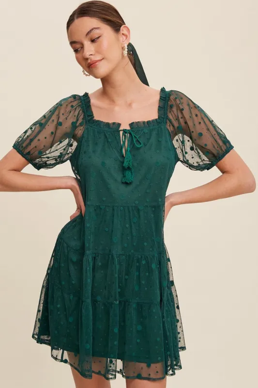 Green Polka Dot Mesh Front Tie Tiered Dress sold by Pinkblush