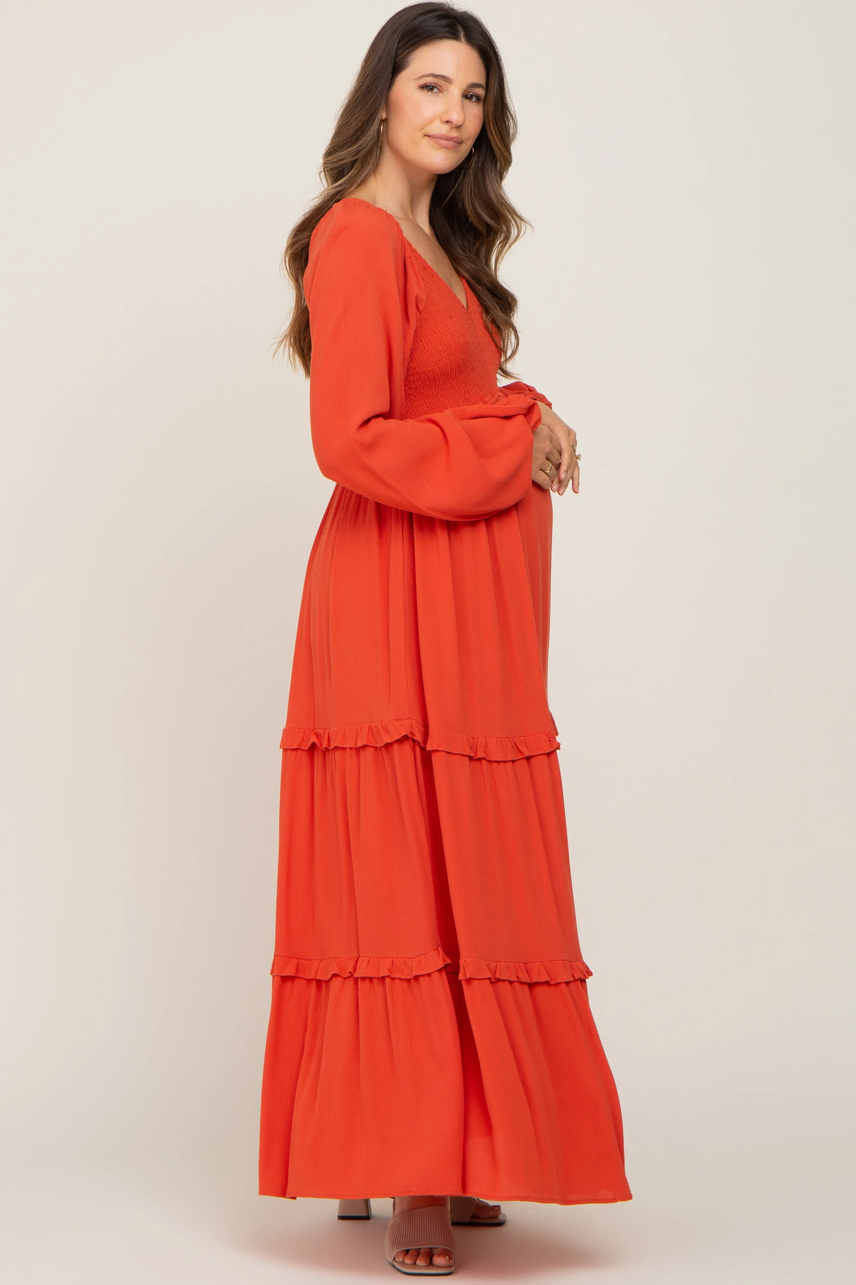 Rust Smocked Tiered Maternity Midi Dress sold by Pinkblush product image thumbnail 2