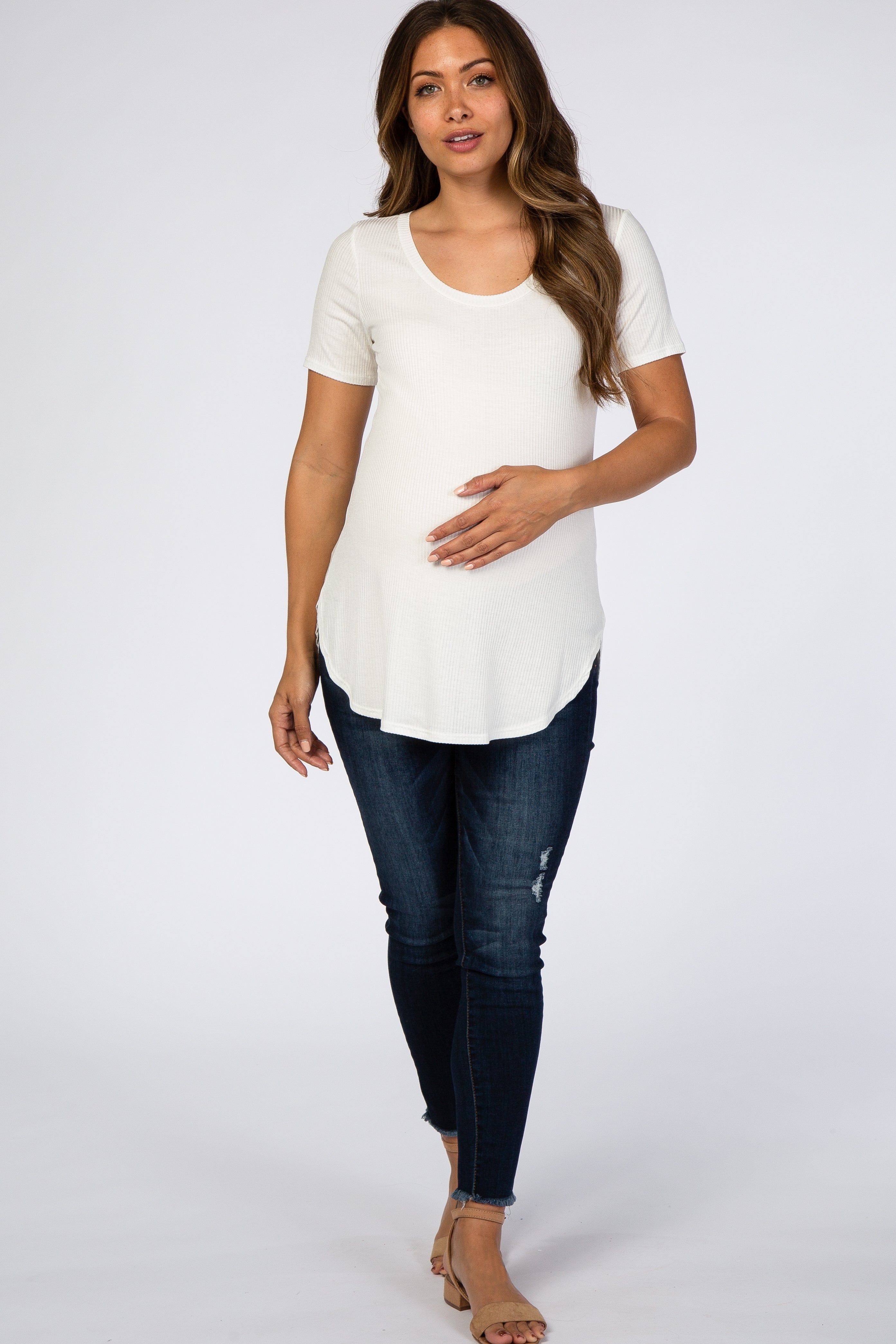 White Ribbed Rounded Hem Short Sleeve Maternity Top sold by Pinkblush product image thumbnail 4